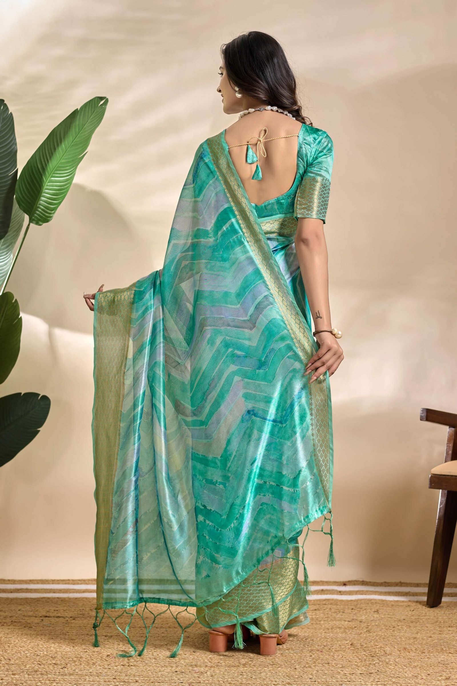 Sea Green Soft Silk Blend Saree with Subtle Wave Print & Zari Border
