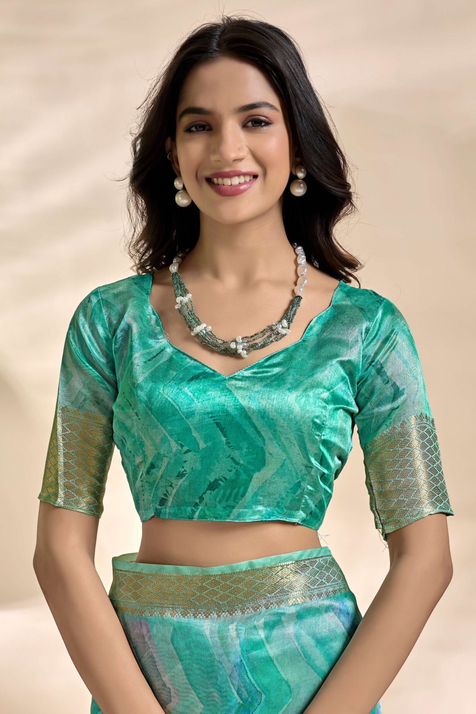 Sea Green Soft Silk Blend Saree with Subtle Wave Print & Zari Border