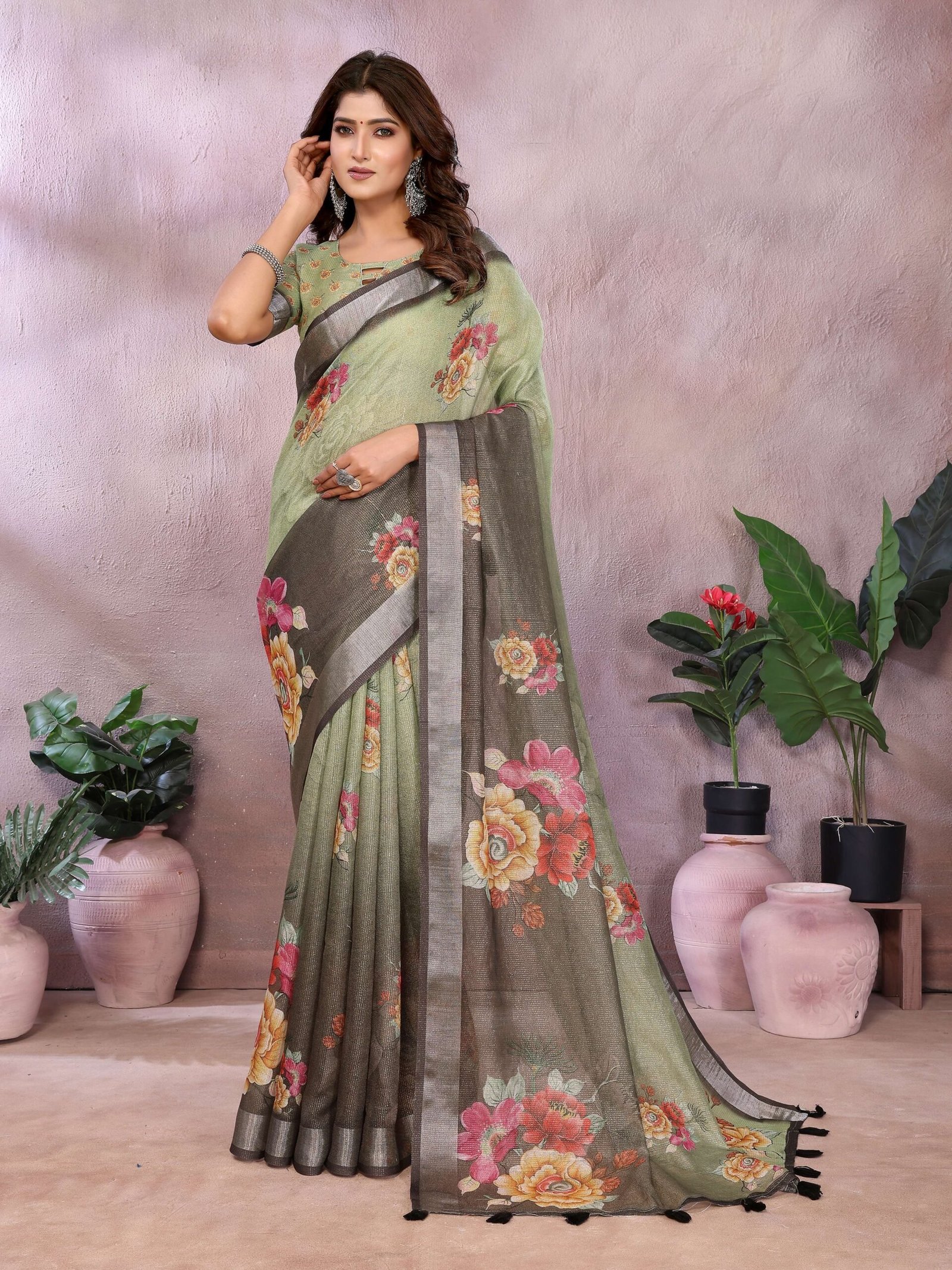 Serene Green Floral Printed Saree with a Contrasting Pallu