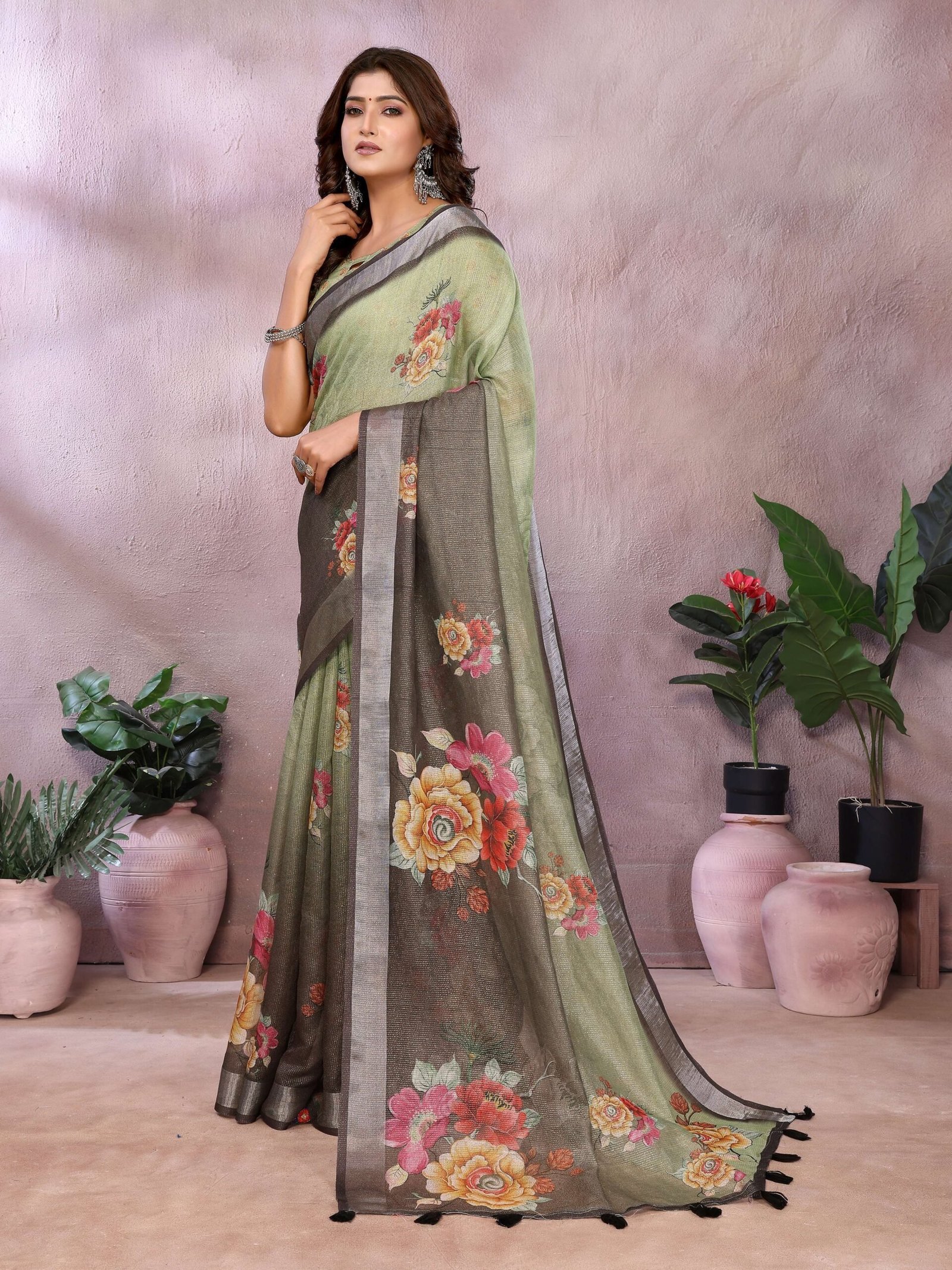 Serene Green Floral Printed Saree with a Contrasting Pallu