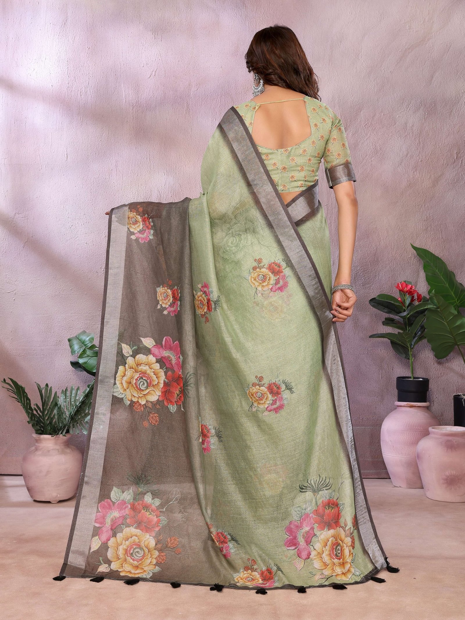 Serene Green Floral Printed Saree with a Contrasting Pallu