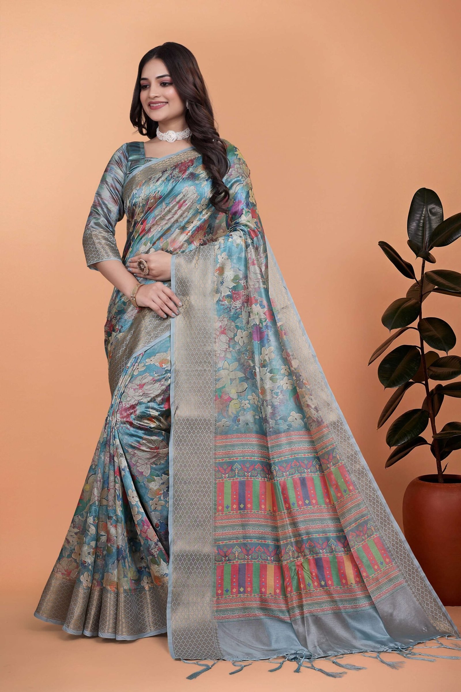 Sky Blue Floral Soft Silk Saree with Multicolor Pallu