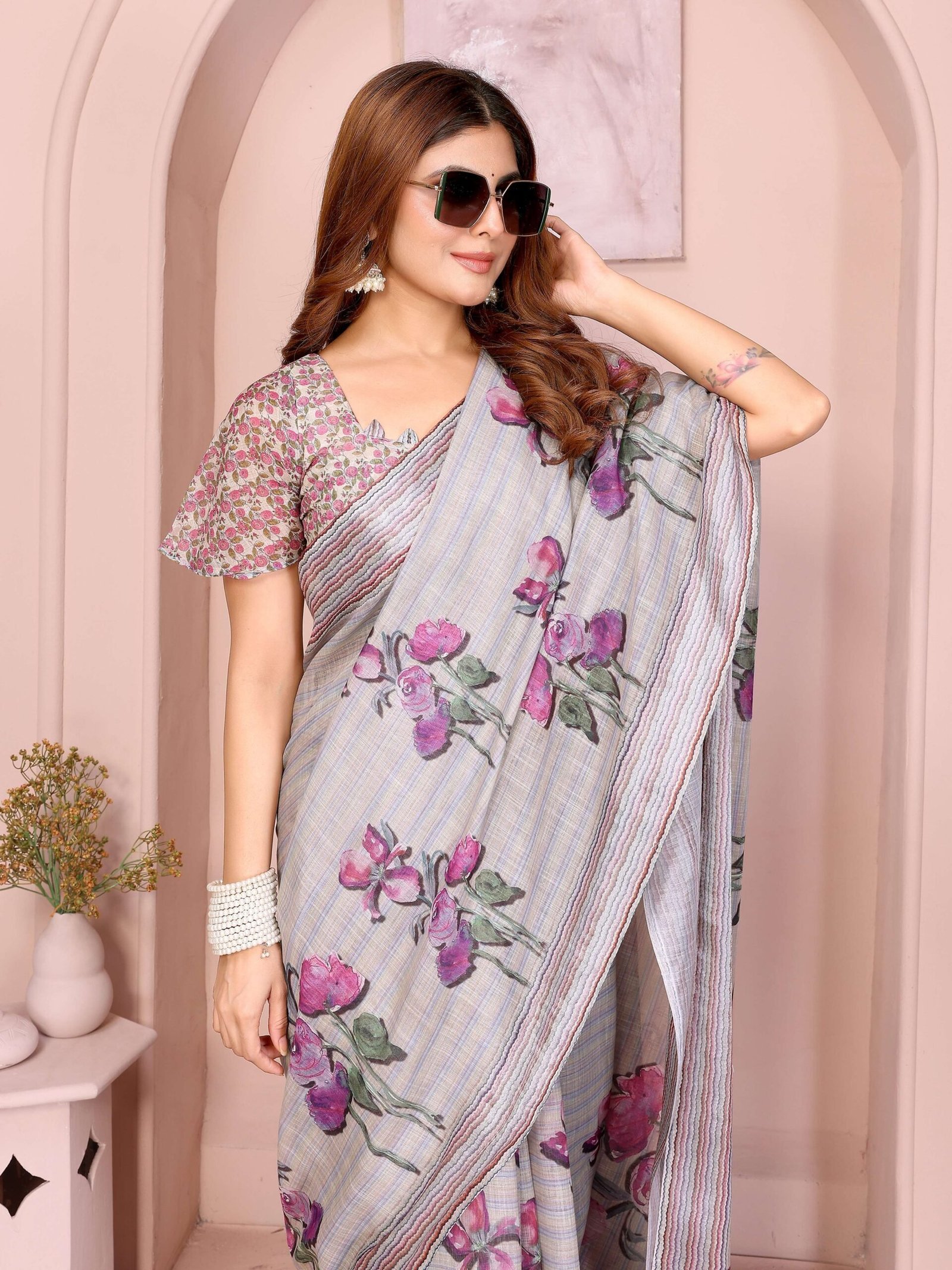 Soft Grey Linen Cotton Saree with Purple Floral Prints & Striped Tassel Border