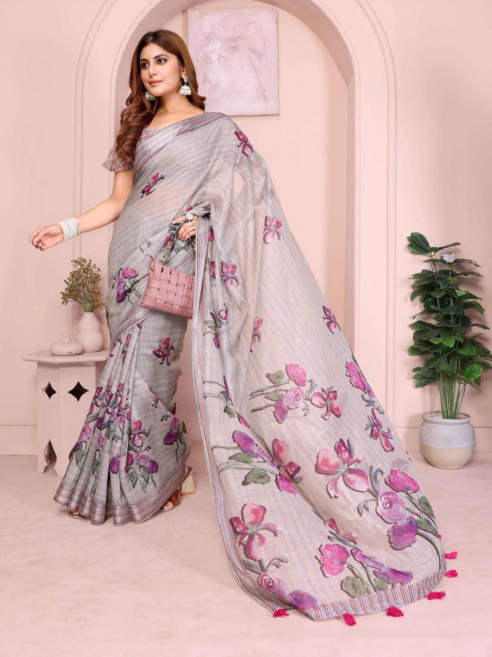Soft Grey Linen Cotton Saree with Purple Floral Prints & Striped Tassel Border