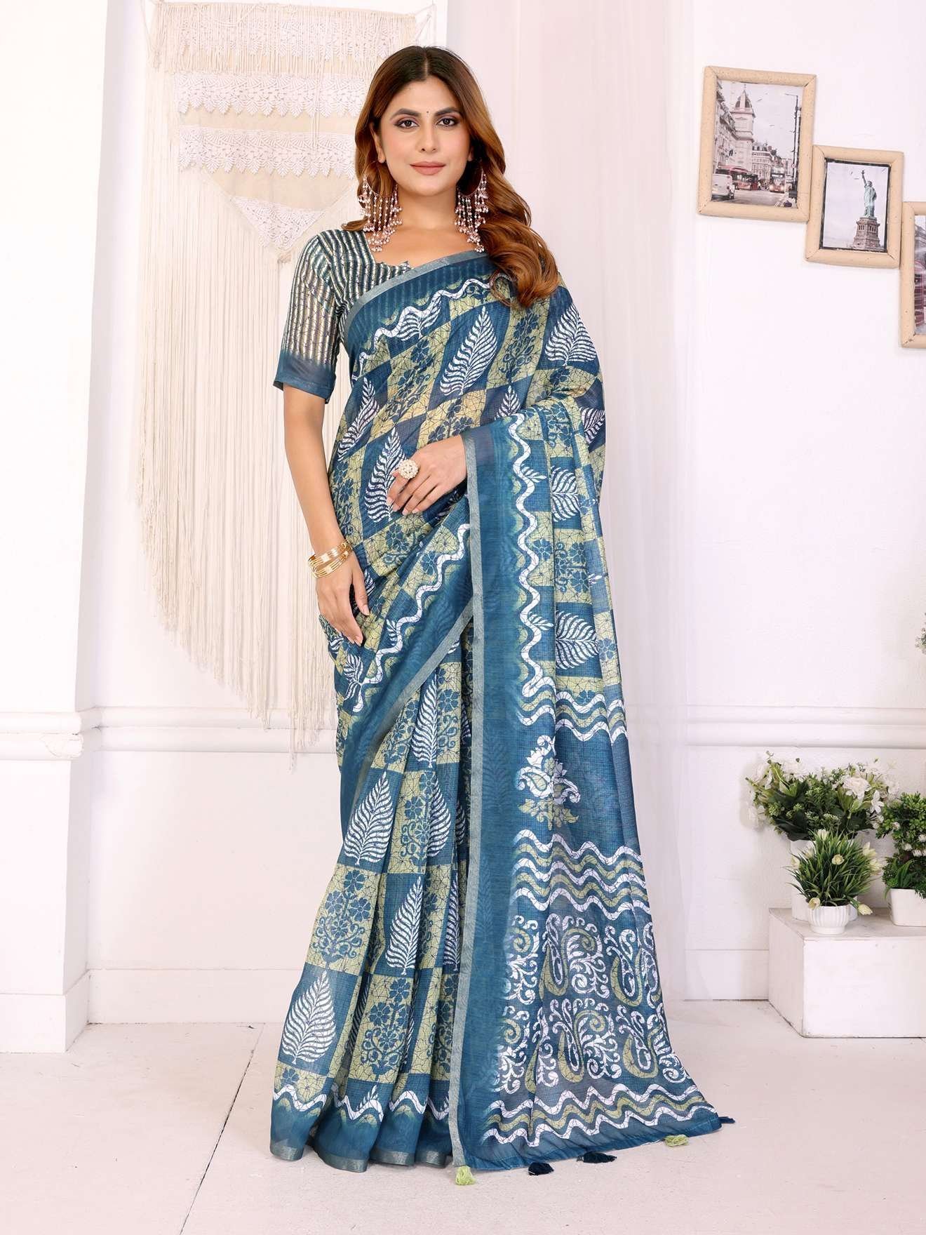 Stylish Blue Chanderi Saree with Leaf & Abstract Digital Print ? Modern Ethnic Elegance