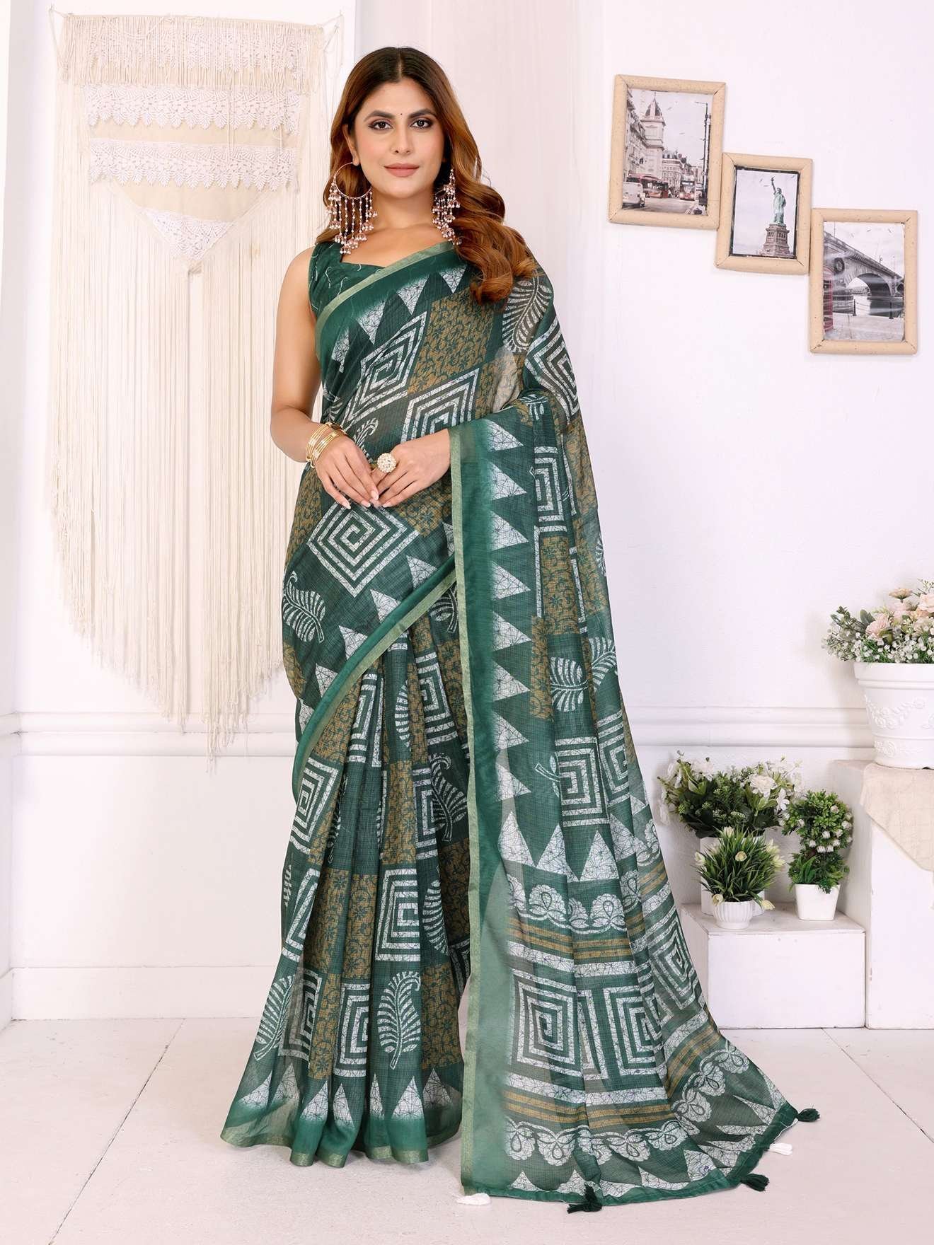 Stylish Bottle Green Chanderi Saree with Bold Geometric Digital Print ? Trendy & Elegant