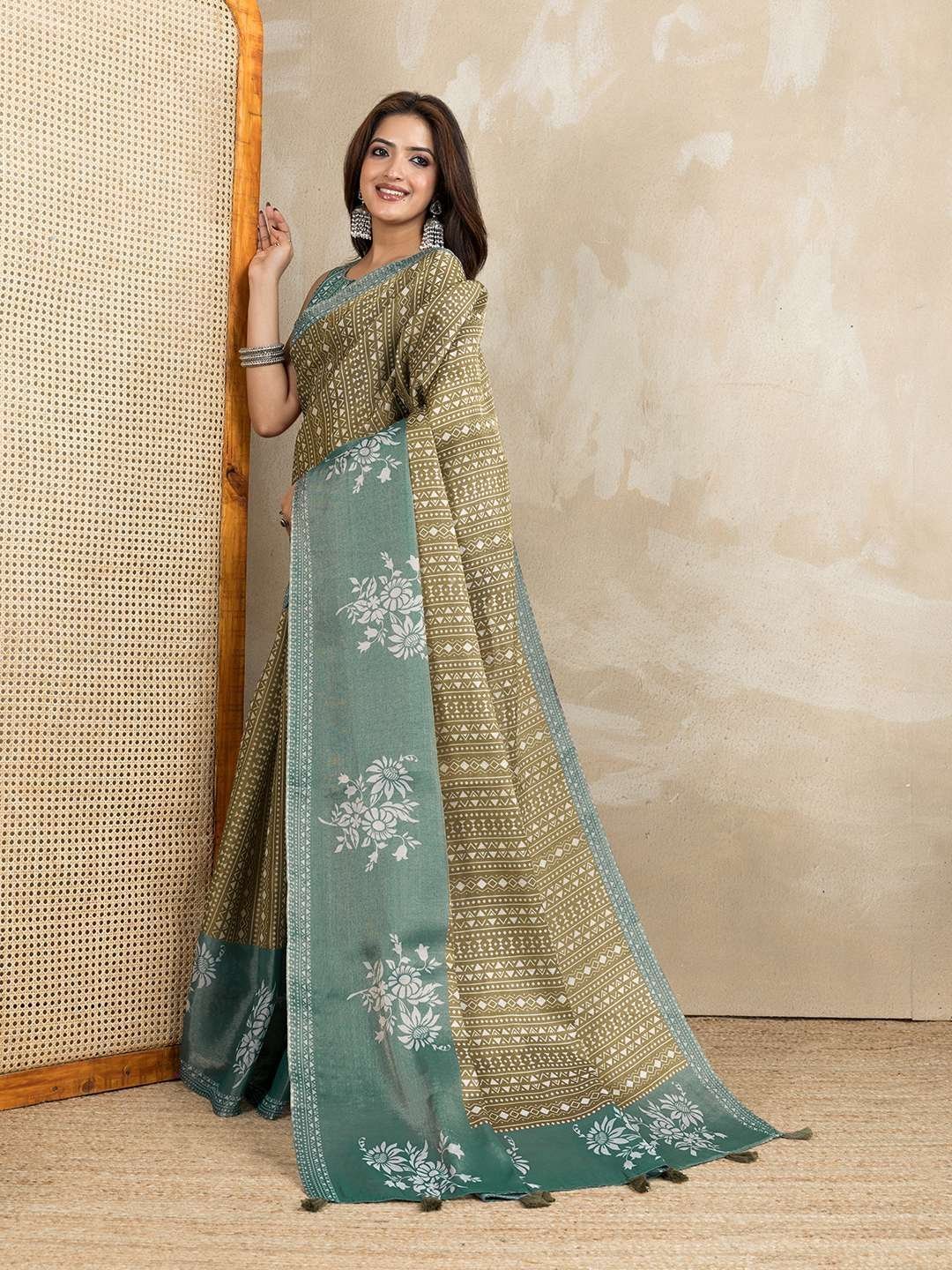 Stylish Olive Green and Teal Linen Saree with Geometric and Floral Prints