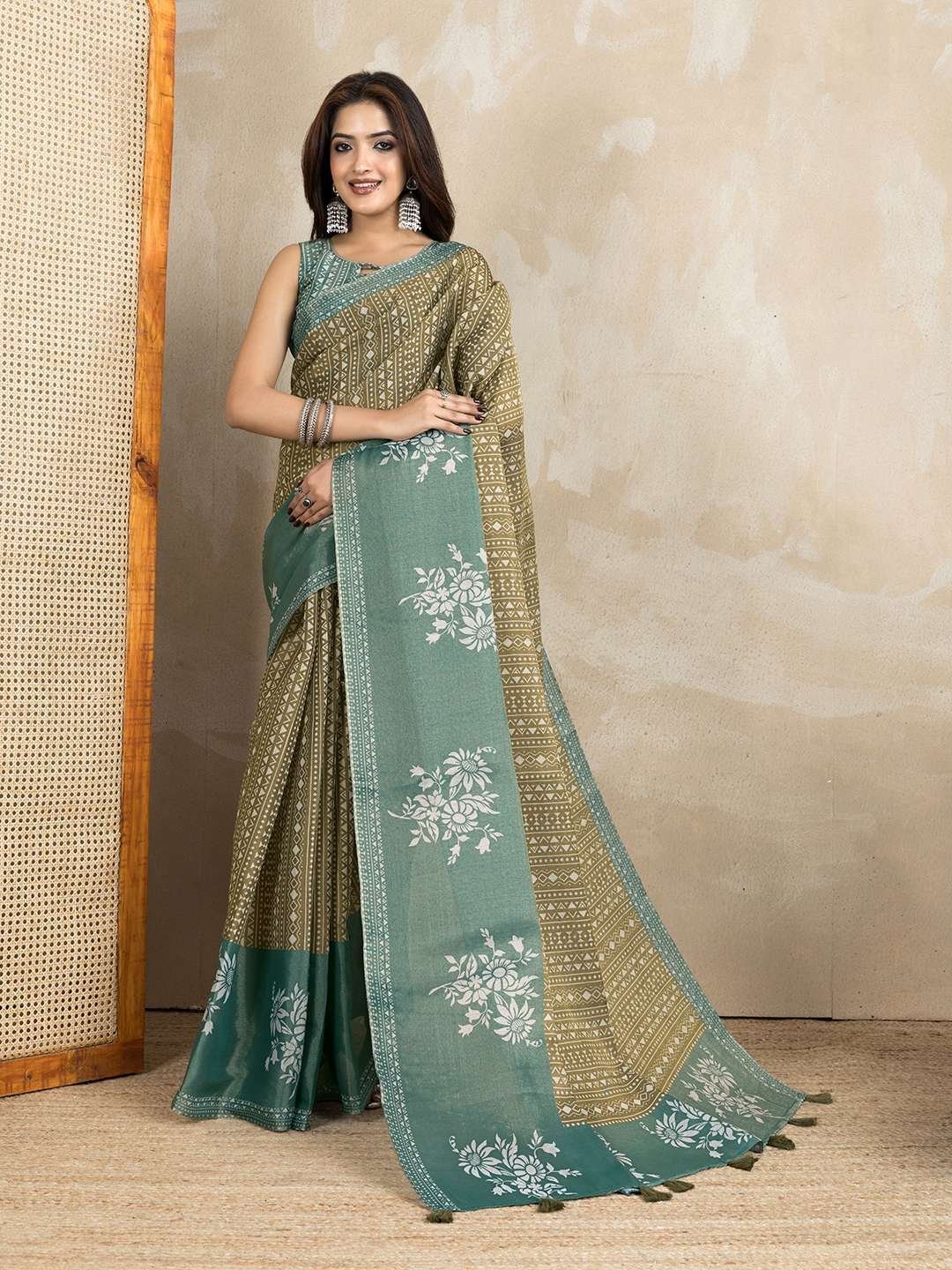 Stylish Olive Green and Teal Linen Saree with Geometric and Floral Prints