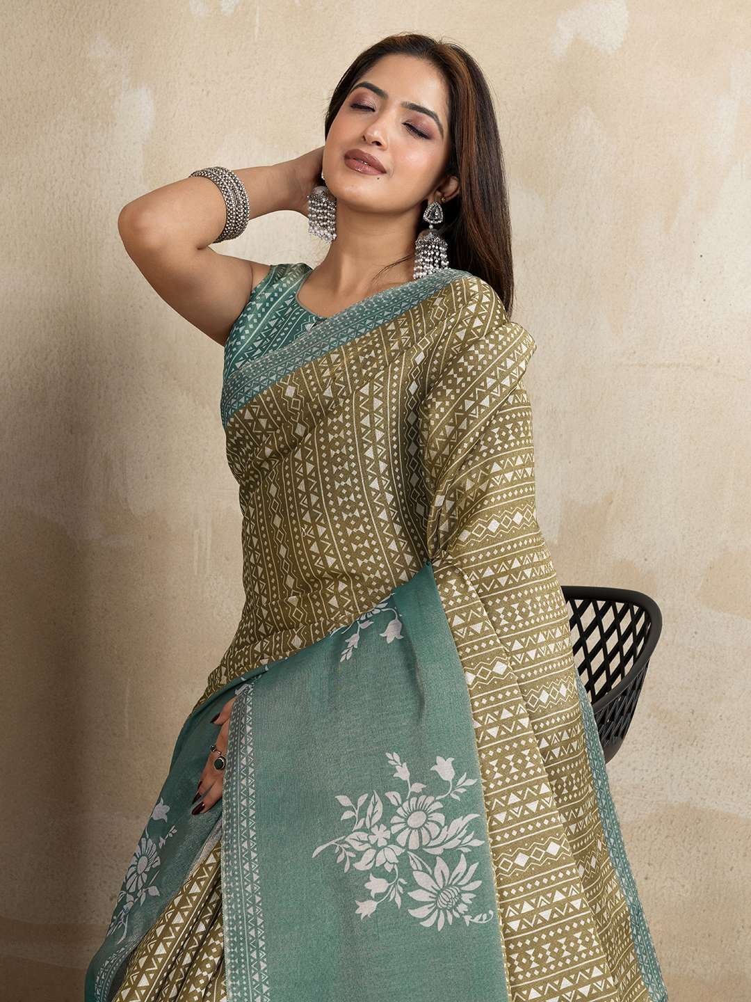 Stylish Olive Green and Teal Linen Saree with Geometric and Floral Prints