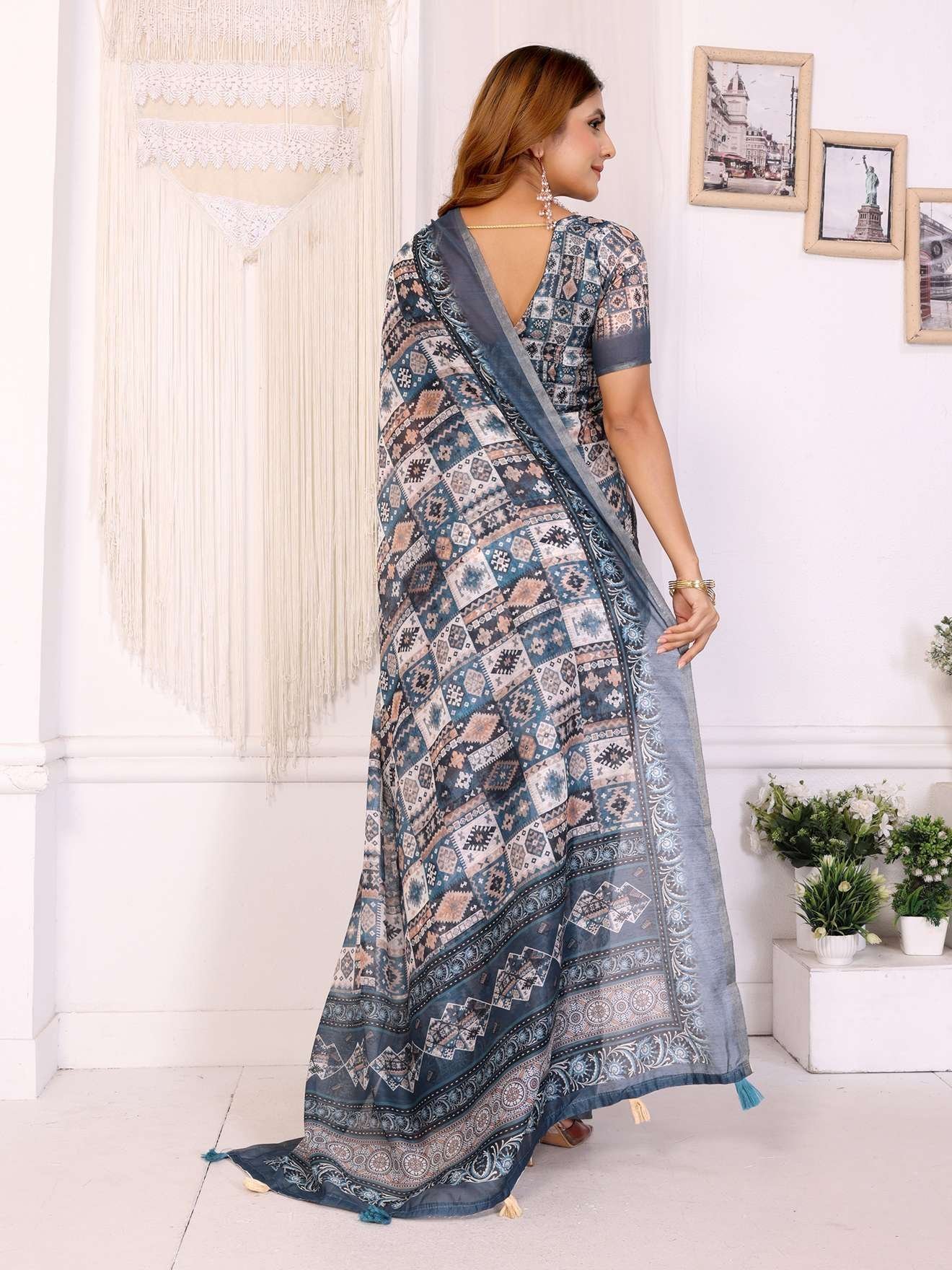 Stylish White Chanderi Saree with Digital Geometric Print ? Modern & Elegant