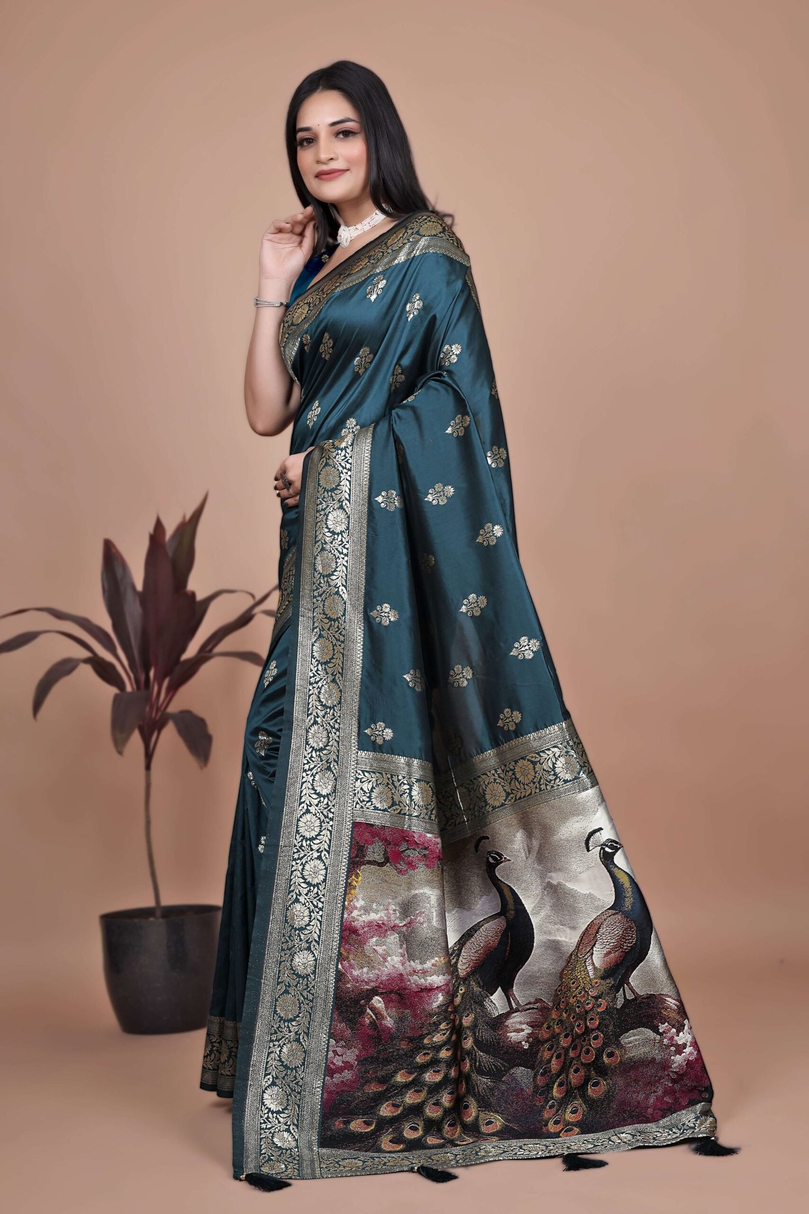 Teal Banarasi Silk Saree with Golden Zari & Peacock Pallu | Wedding, Festive & Traditional Wear