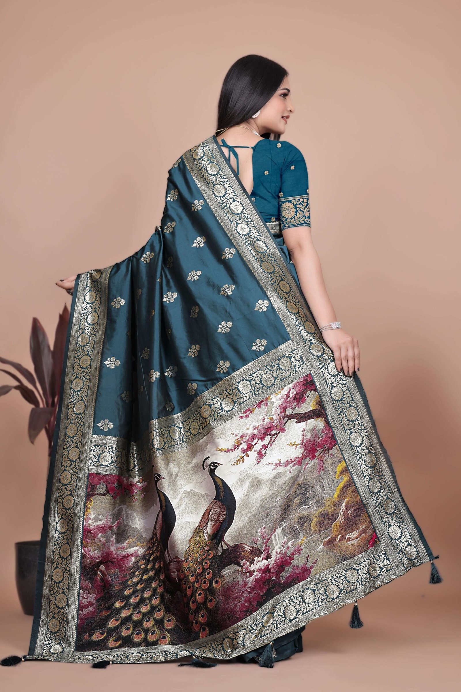 Teal Banarasi Silk Saree with Golden Zari & Peacock Pallu | Wedding, Festive & Traditional Wear