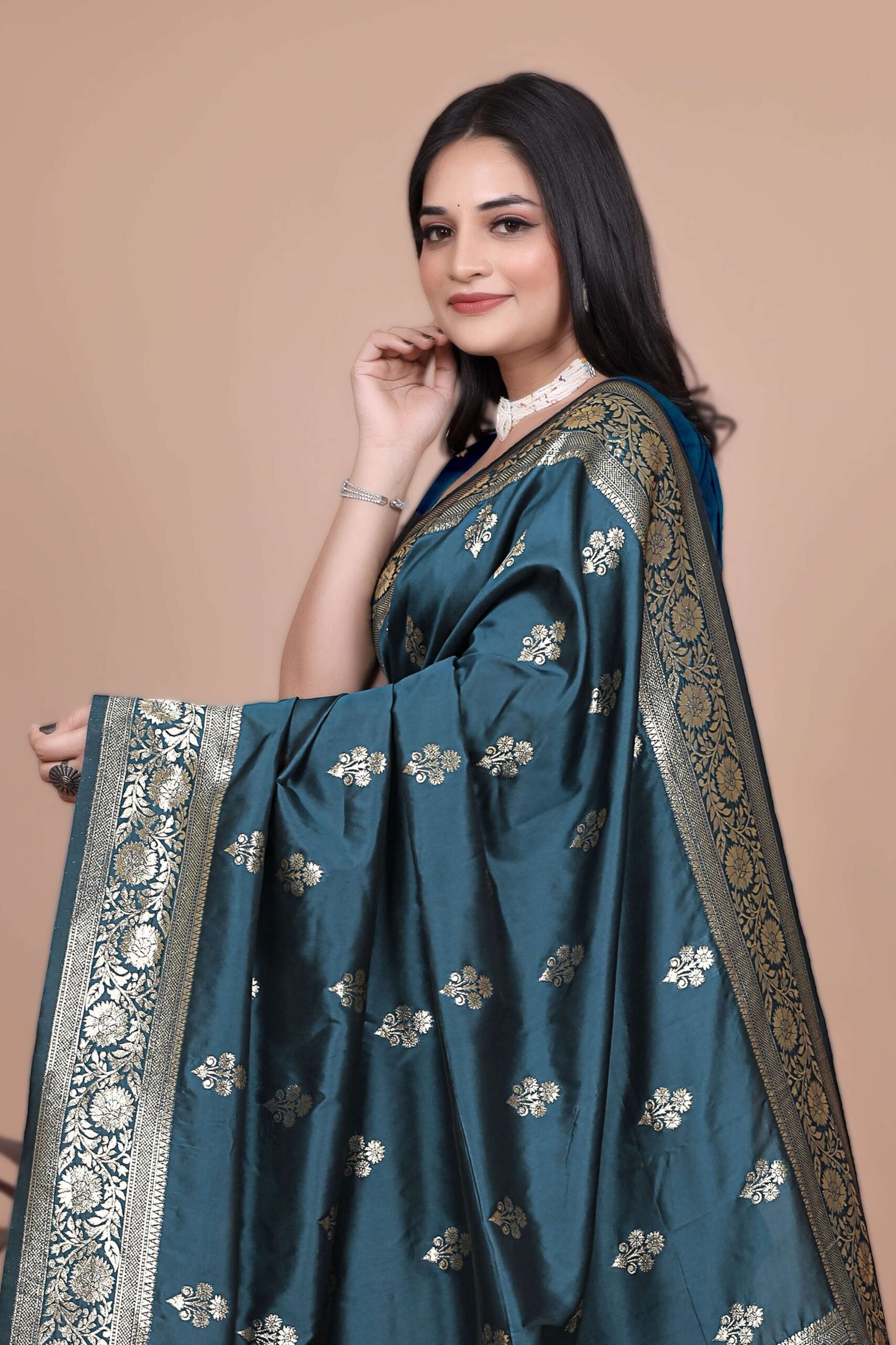 Teal Banarasi Silk Saree with Golden Zari & Peacock Pallu | Wedding, Festive & Traditional Wear