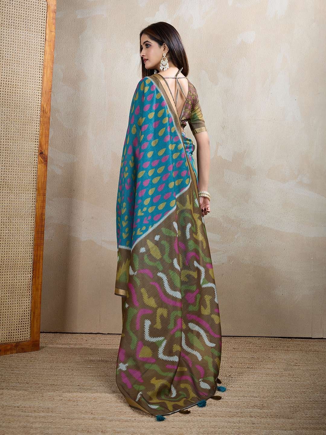 Teal Blue & Olive Green Ikat Printed Chanderi Saree ? Festive & Cultural Elegance