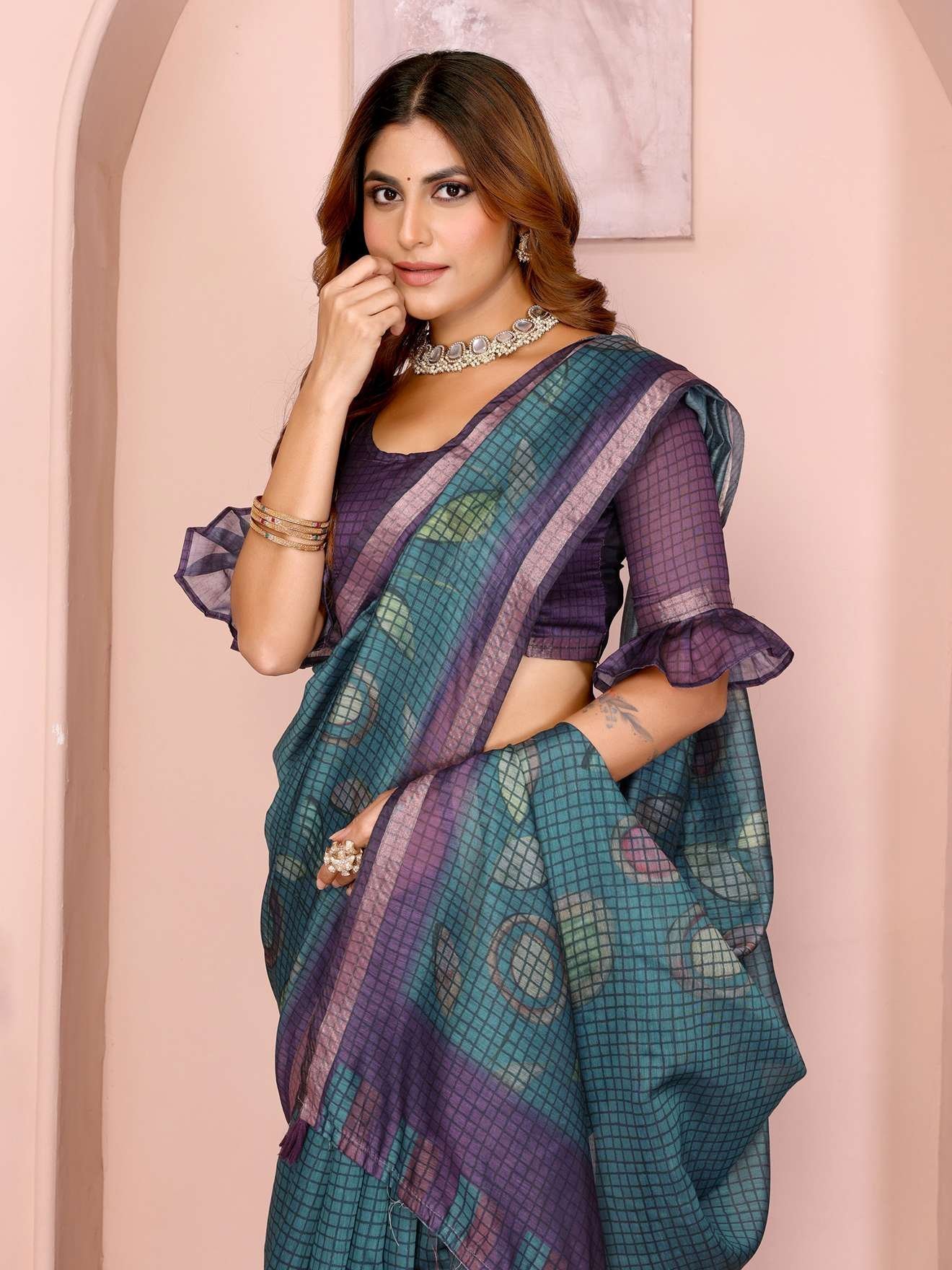 Teal Blue & Purple Black Chanderi Saree ? Checkered Digital Print with Leaf Motifs & Tassel Pallu