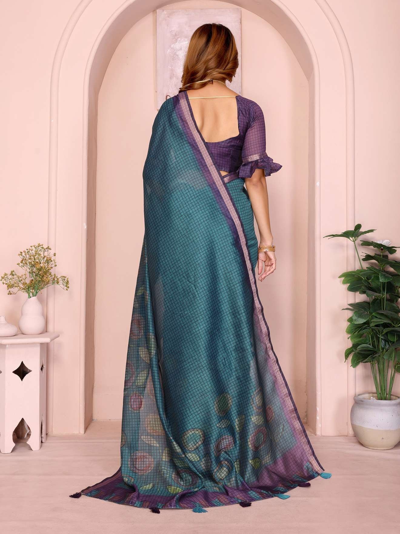 Teal Blue & Purple Black Chanderi Saree ? Checkered Digital Print with Leaf Motifs & Tassel Pallu