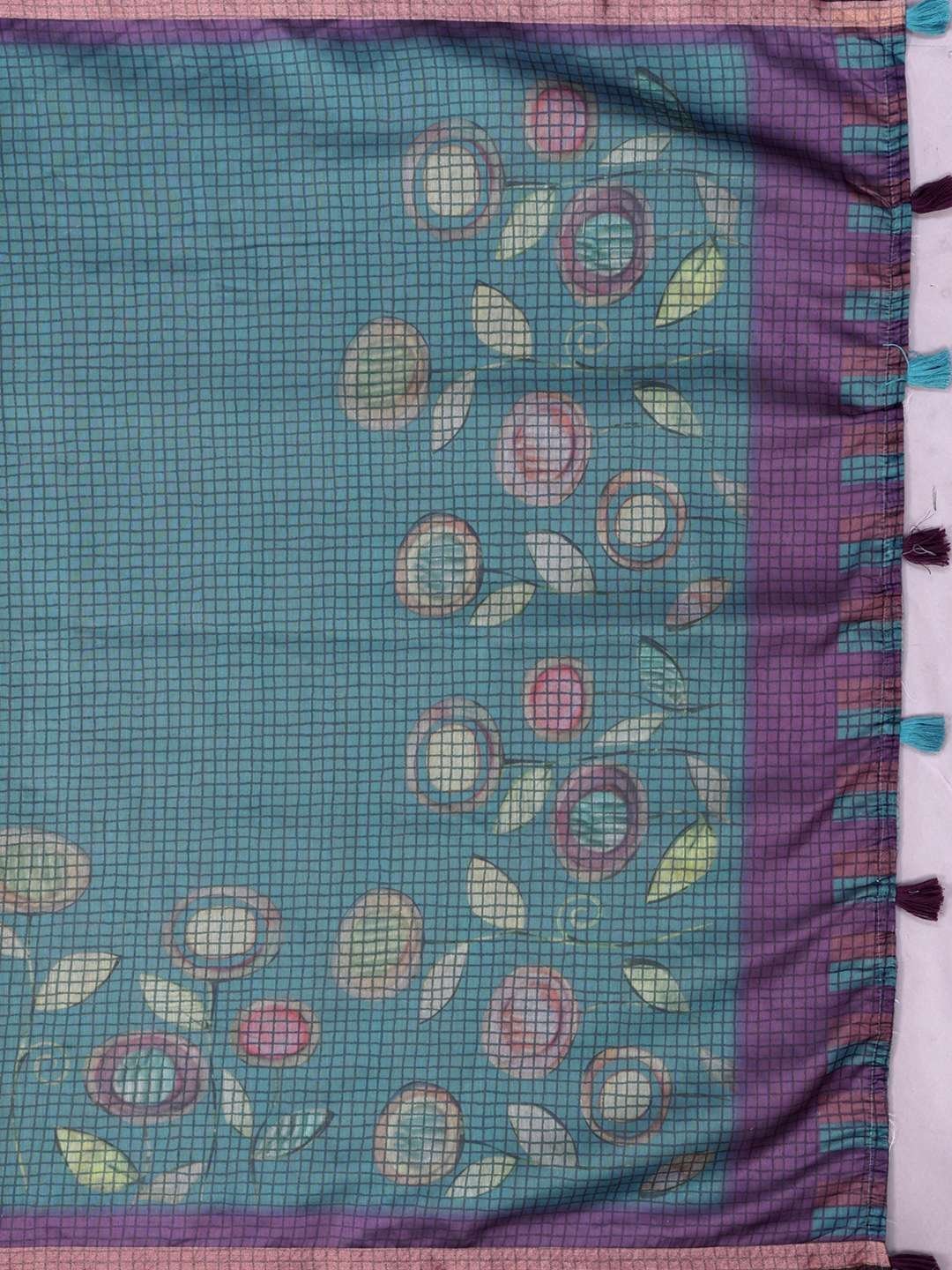 Teal Blue & Purple Black Chanderi Saree ? Checkered Digital Print with Leaf Motifs & Tassel Pallu