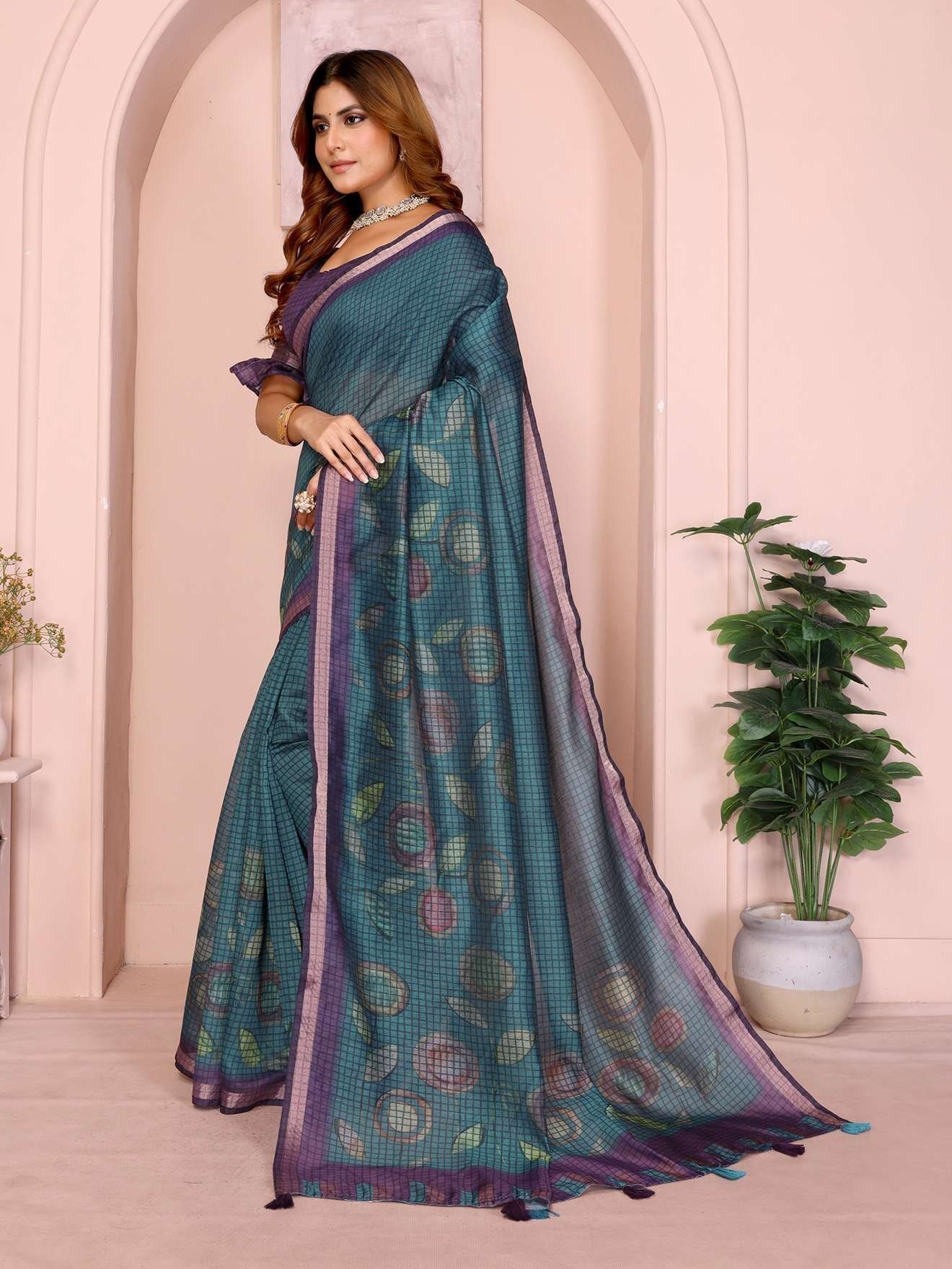 Teal Blue & Purple Black Chanderi Saree ? Checkered Digital Print with Leaf Motifs & Tassel Pallu