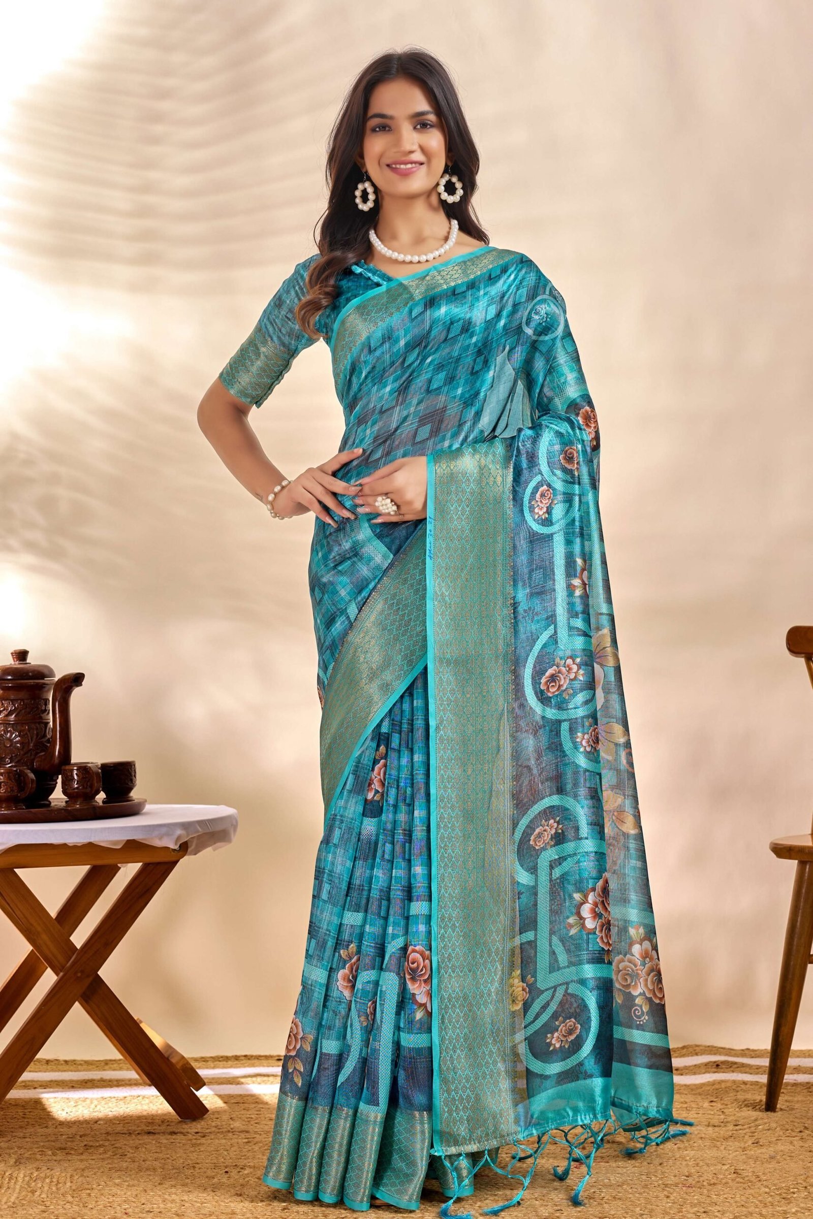 Teal Blue Soft Silk Saree with Floral Digital Pallu & Zari Border