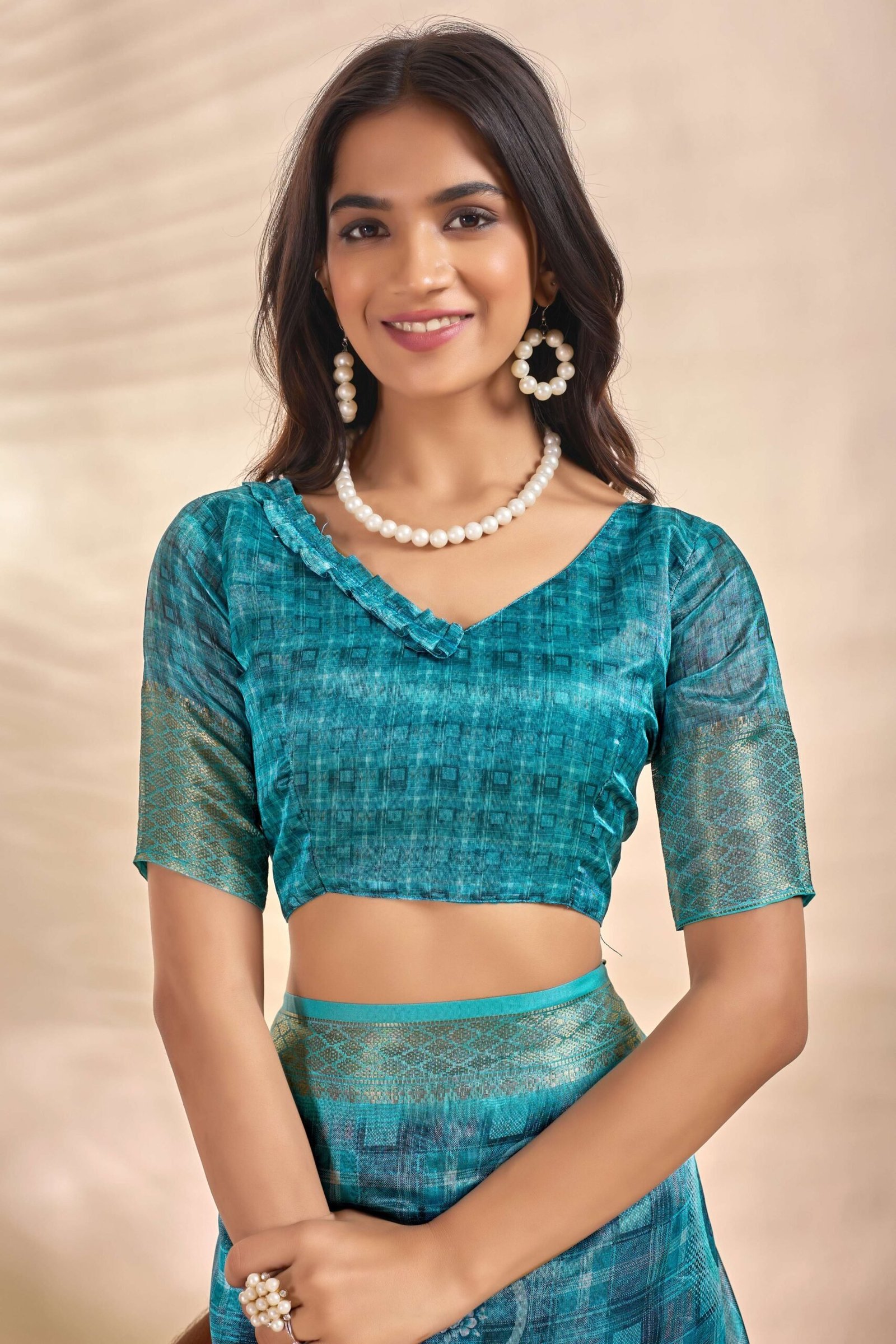 Teal Blue Soft Silk Saree with Floral Digital Pallu & Zari Border