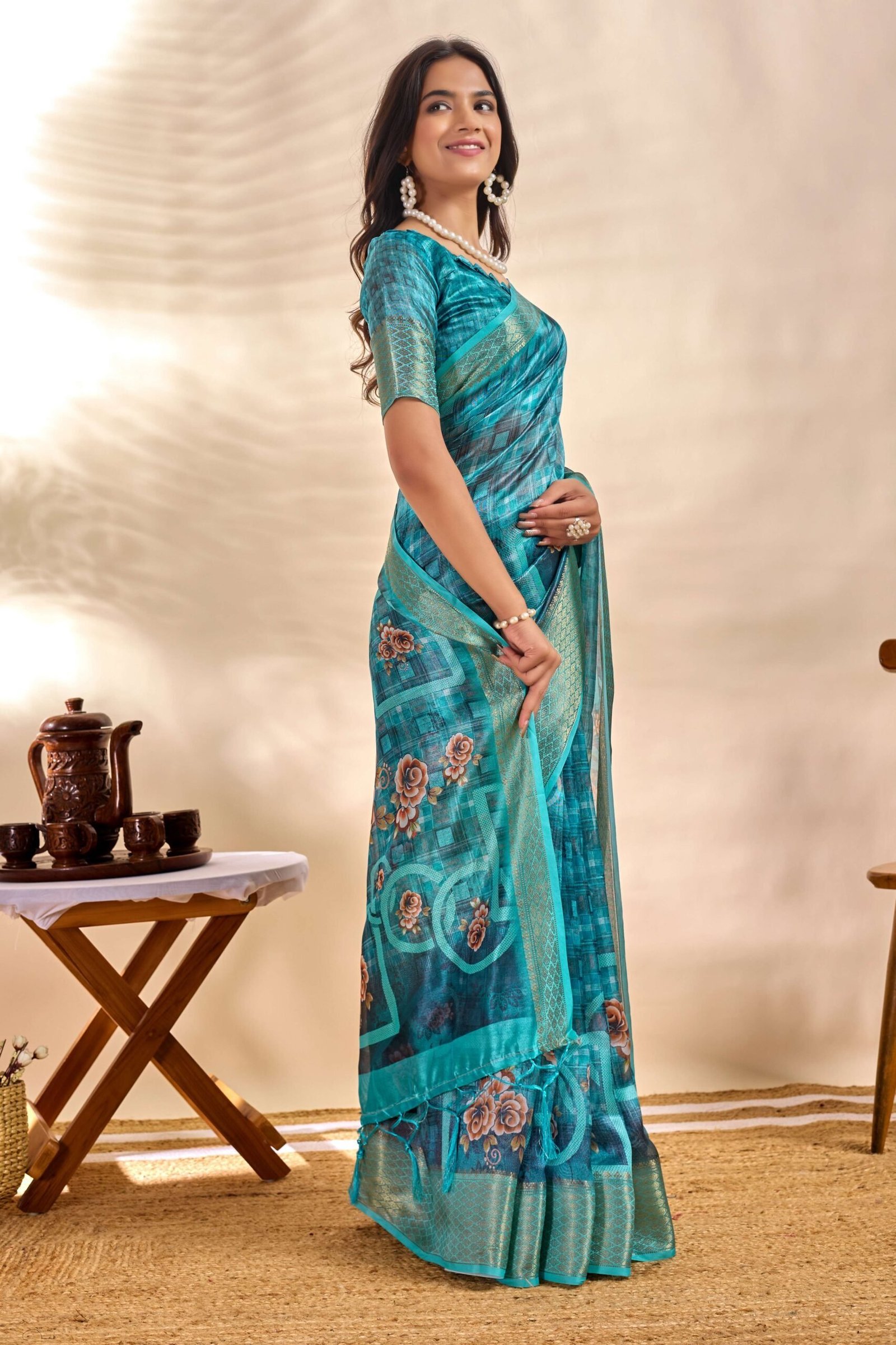 Teal Blue Soft Silk Saree with Floral Digital Pallu & Zari Border