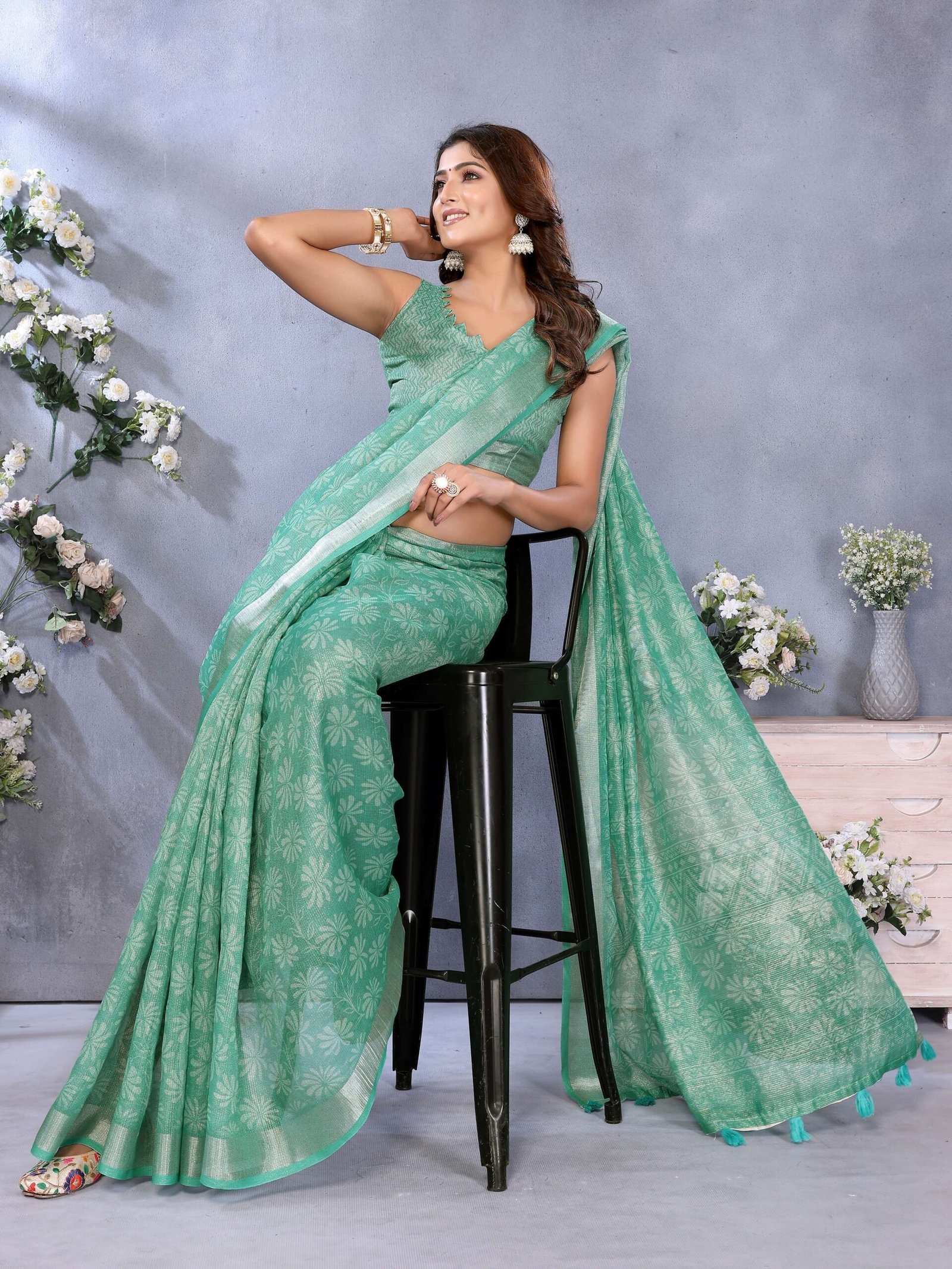 Timeless Sea Green Woven Pattern Linen Shimmer Saree with Matching Blouse
