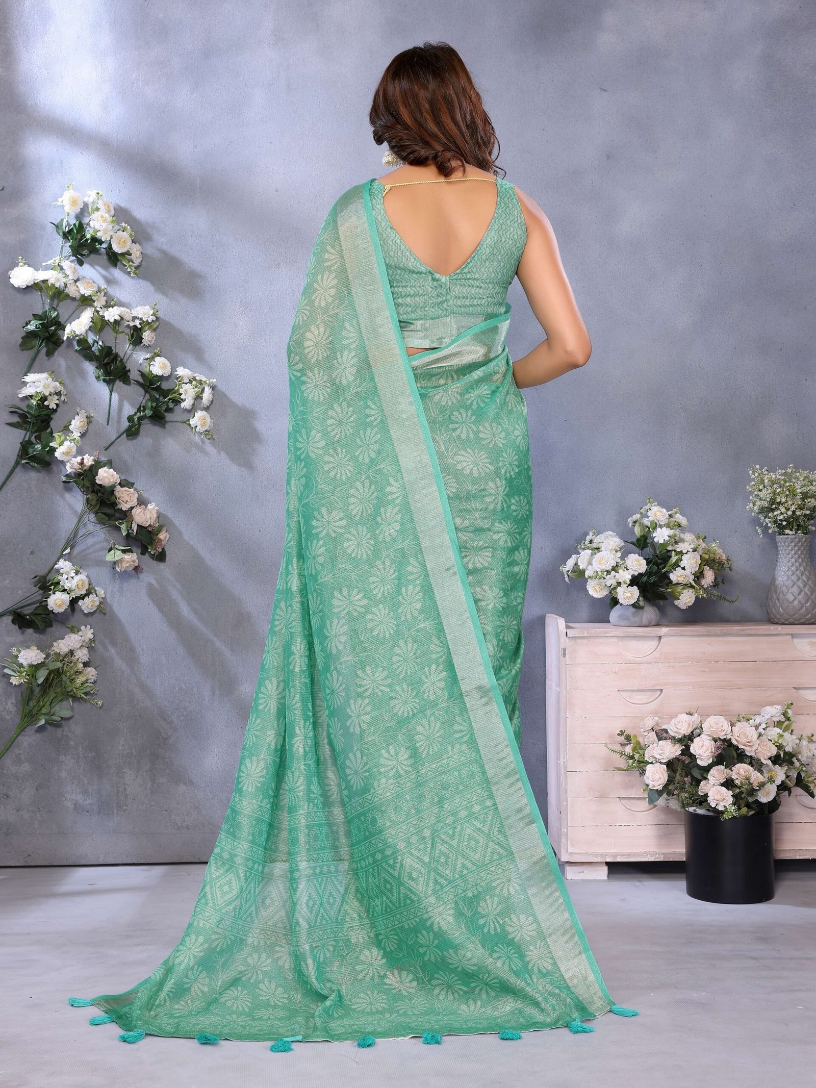 Timeless Sea Green Woven Pattern Linen Shimmer Saree with Matching Blouse