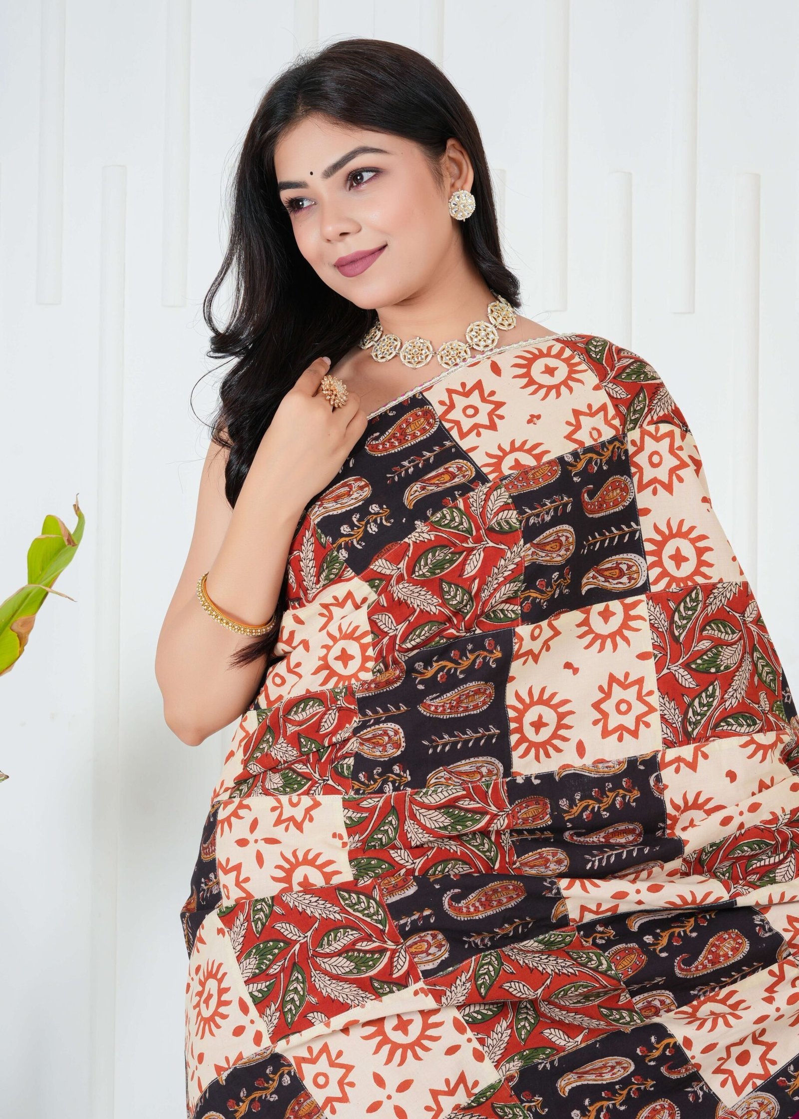 Women’s Cream Black Patchwork Printed Saree with Pink Base Blouse Piece Elegant Ethnic Wear