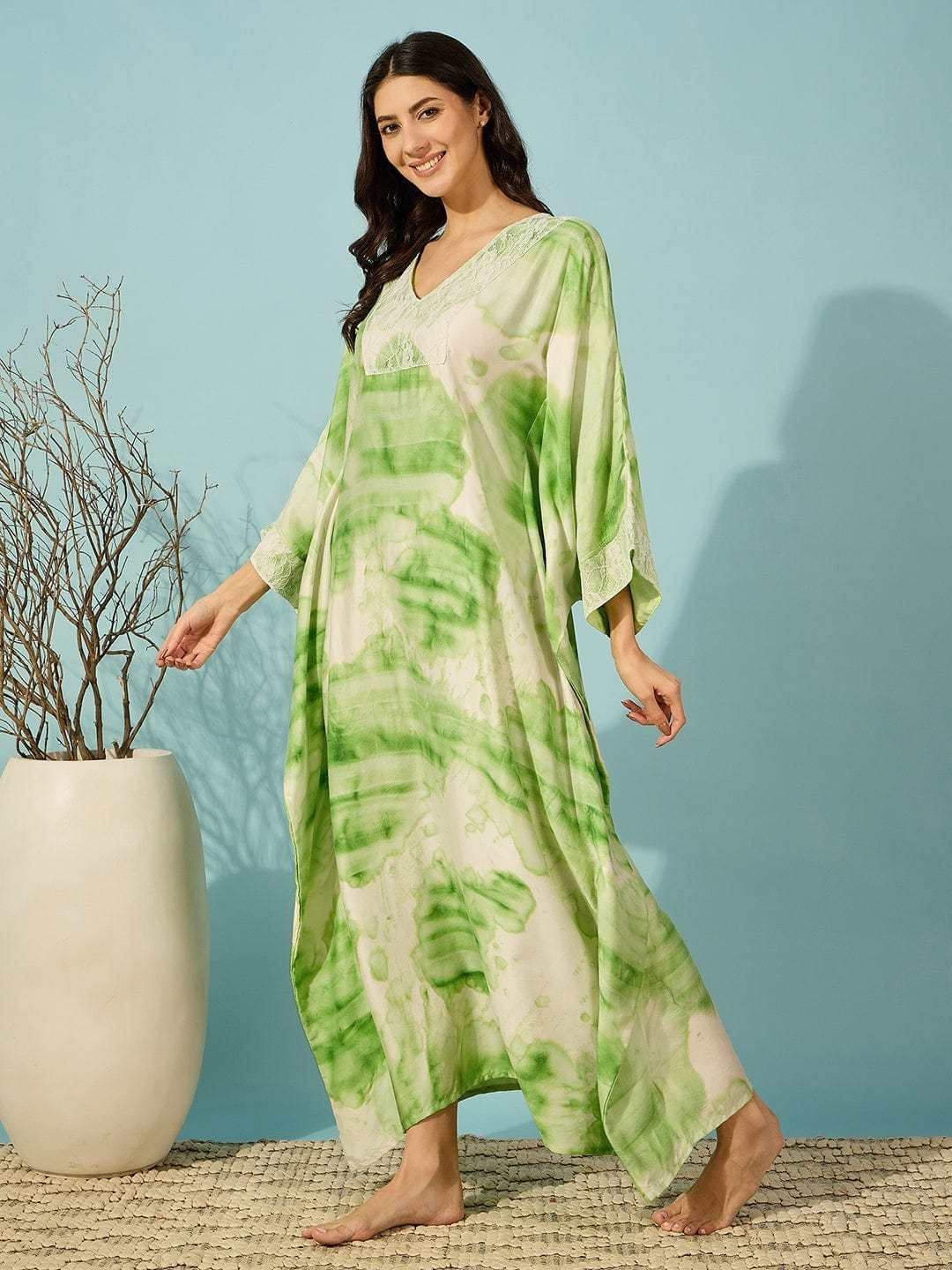 Women’s Cotton Tie Dye Print Flowing Bell Sleeves Full Length Kaftan Drees Casual Beach Wear ( Green )