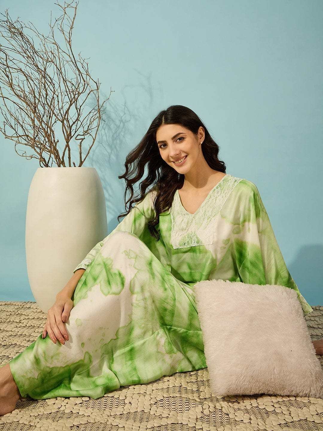 Women’s Cotton Tie Dye Print Flowing Bell Sleeves Full Length Kaftan Drees Casual Beach Wear ( Green )