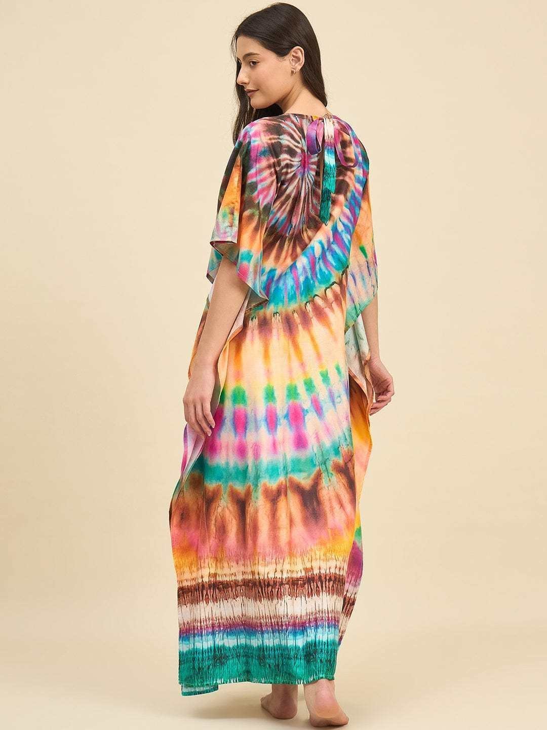 Women’s Cotton Tie Dye Print Flowing Bell Sleeves Full Length Kaftan Drees Casual Beach Wear ( Turquoise Yellow )