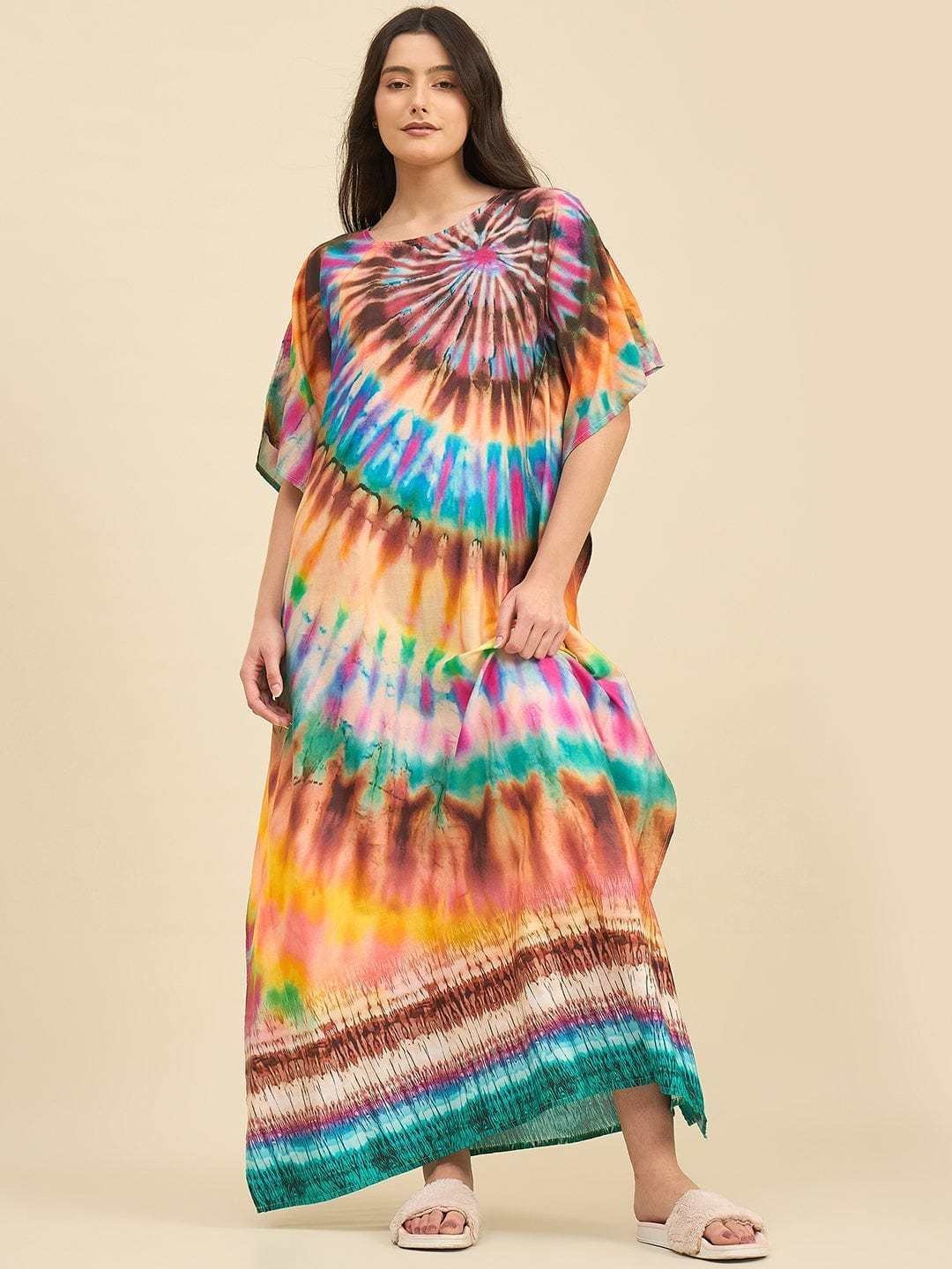 Women’s Cotton Tie Dye Print Flowing Bell Sleeves Full Length Kaftan Drees Casual Beach Wear ( Turquoise Yellow )