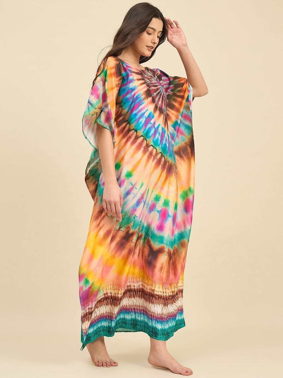 Women’s Cotton Tie Dye Print Flowing Bell Sleeves Full Length Kaftan Drees Casual Beach Wear ( Turquoise Yellow )