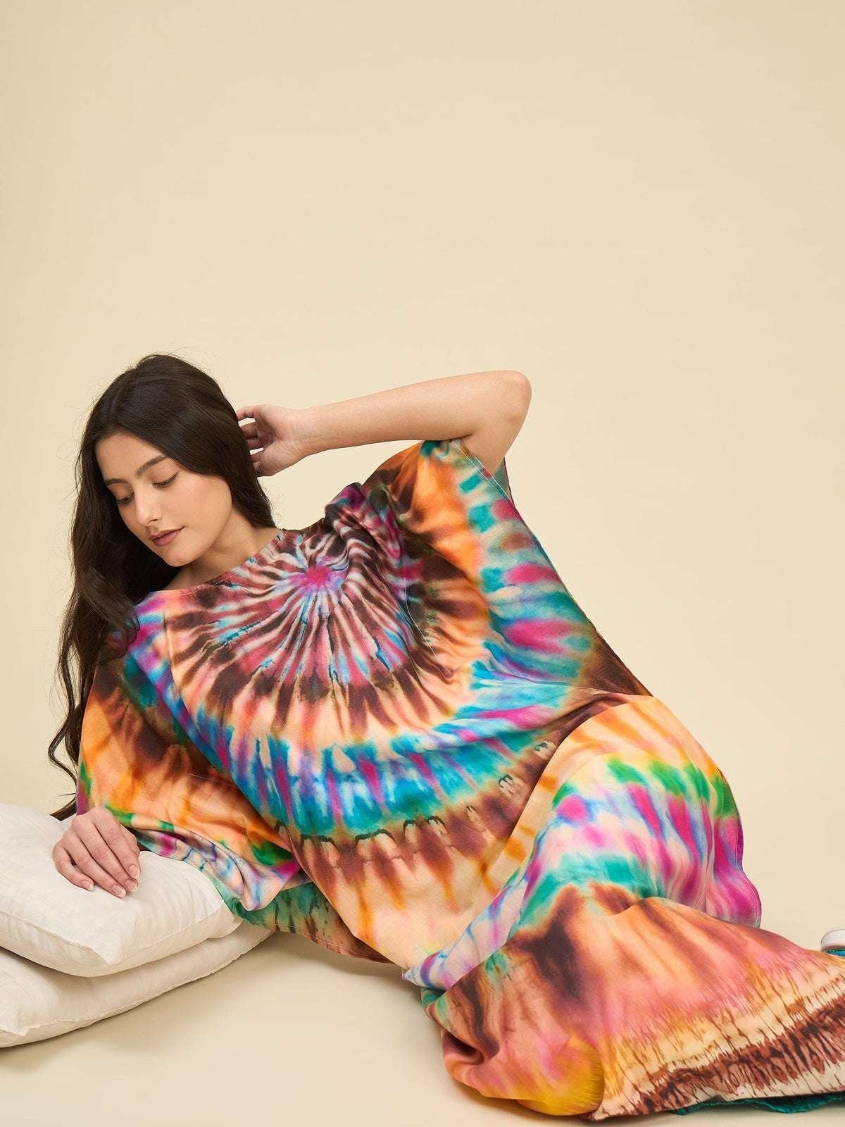 Women’s Cotton Tie Dye Print Flowing Bell Sleeves Full Length Kaftan Drees Casual Beach Wear ( Turquoise Yellow )
