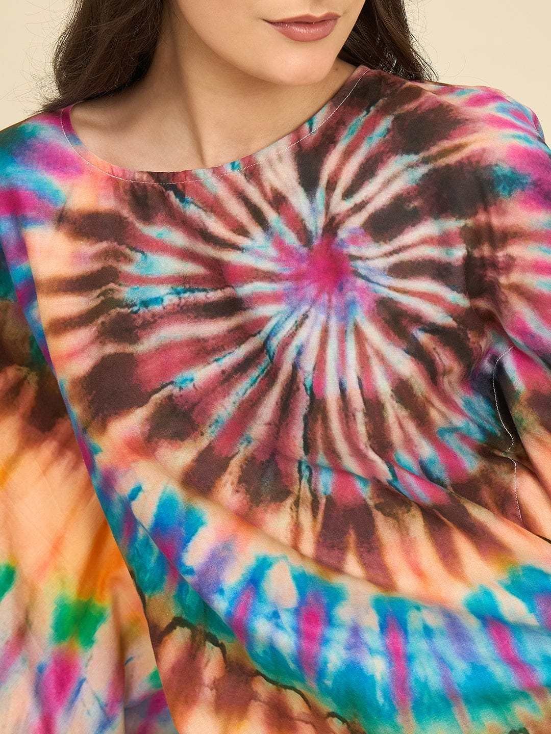 Women’s Cotton Tie Dye Print Flowing Bell Sleeves Full Length Kaftan Drees Casual Beach Wear ( Turquoise Yellow )