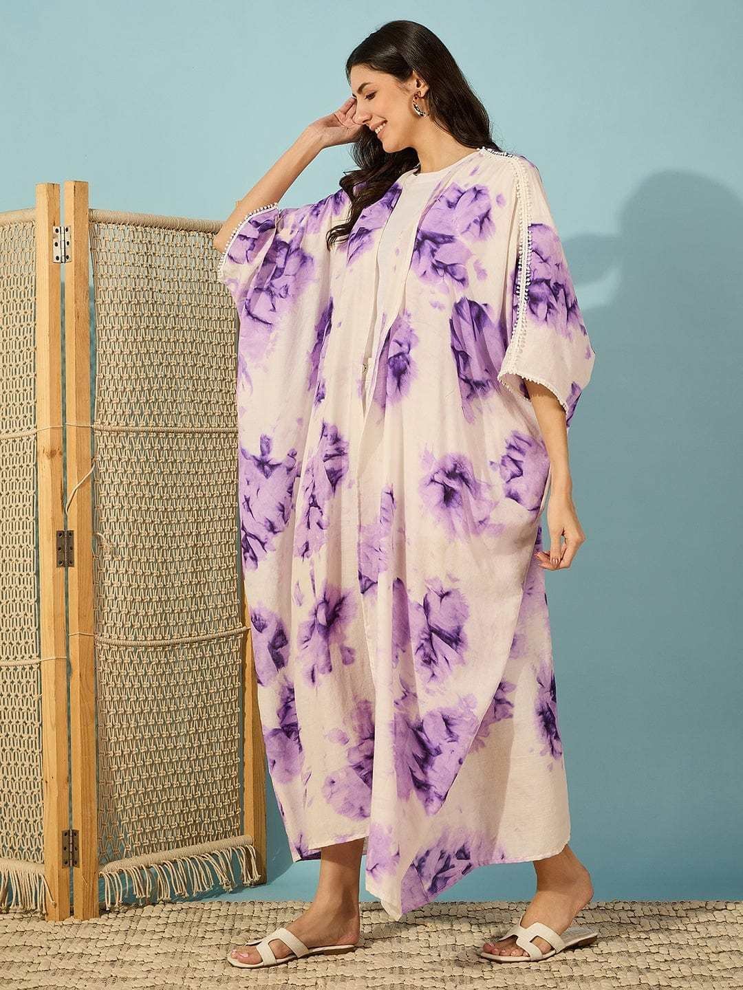 Women’s Cotton Tie Dye Print Full Length Kaftan Drees Beach Cover Up, Spring Casual Wear ( Brown )