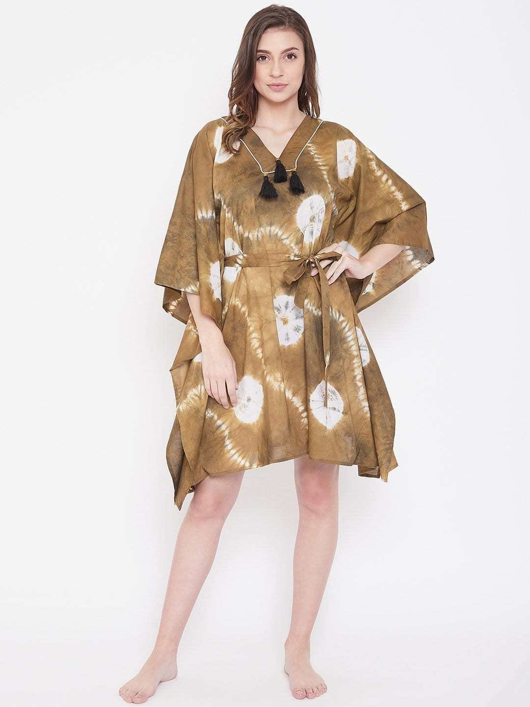 Women’s Cotton Tie Dye Print Knee Length Kaftan Drees Beach Cover Up, Spring Casual Wear ( Brown )