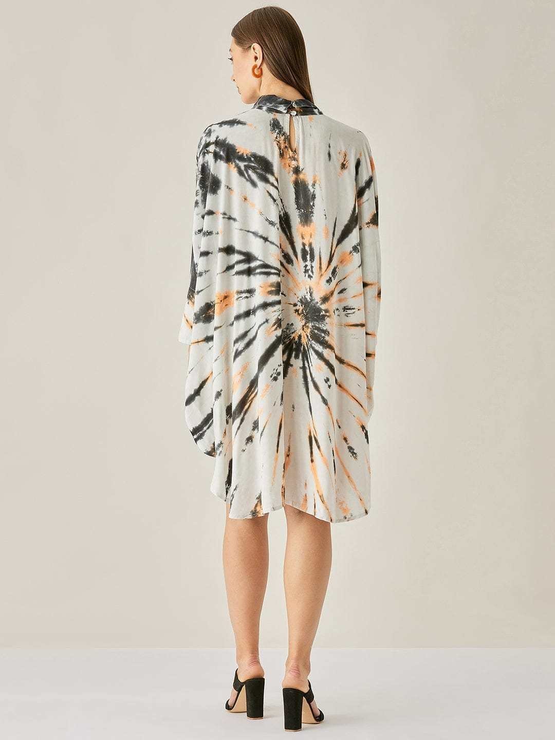 Women’s Cotton Tie Dye Print Knee Length Mock Neck, Long Sleeve Kaftan Drees ( Black White )