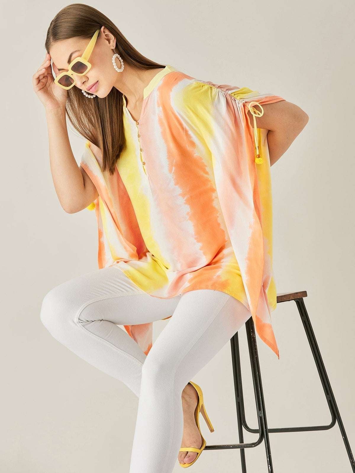 Women’s Cotton Tie Dye Print Knee Length Mock Neck, Long Sleeve Kaftan Drees ( Multicolor )