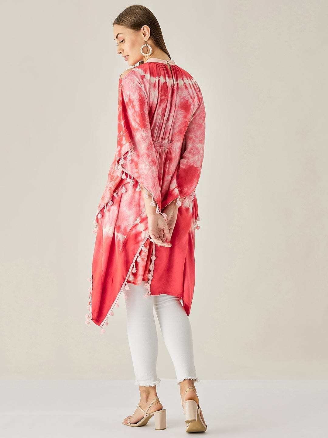 Women’s Cotton Tie Dye Print Knee Length Mock Neck, Long Sleeve Kaftan Drees ( Red )