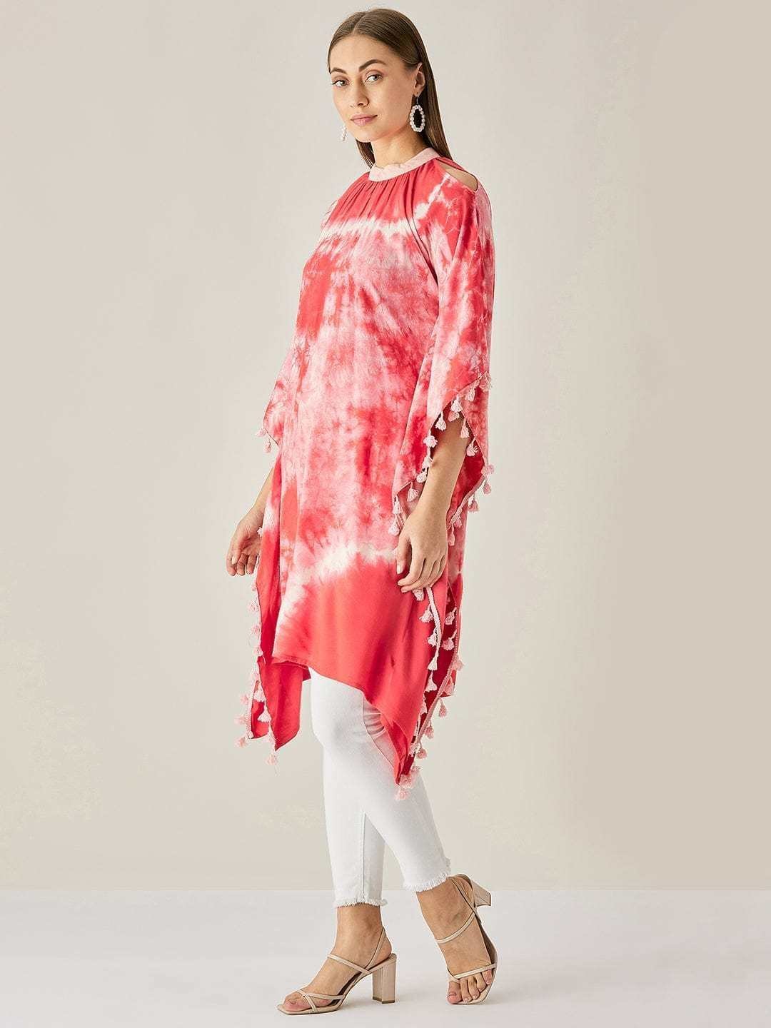 Women’s Cotton Tie Dye Print Knee Length Mock Neck, Long Sleeve Kaftan Drees ( Red )