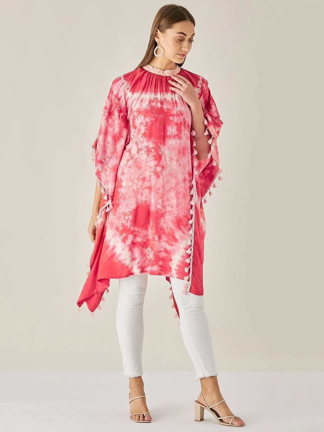 Women’s Cotton Tie Dye Print Knee Length Mock Neck, Long Sleeve Kaftan Drees ( Red )