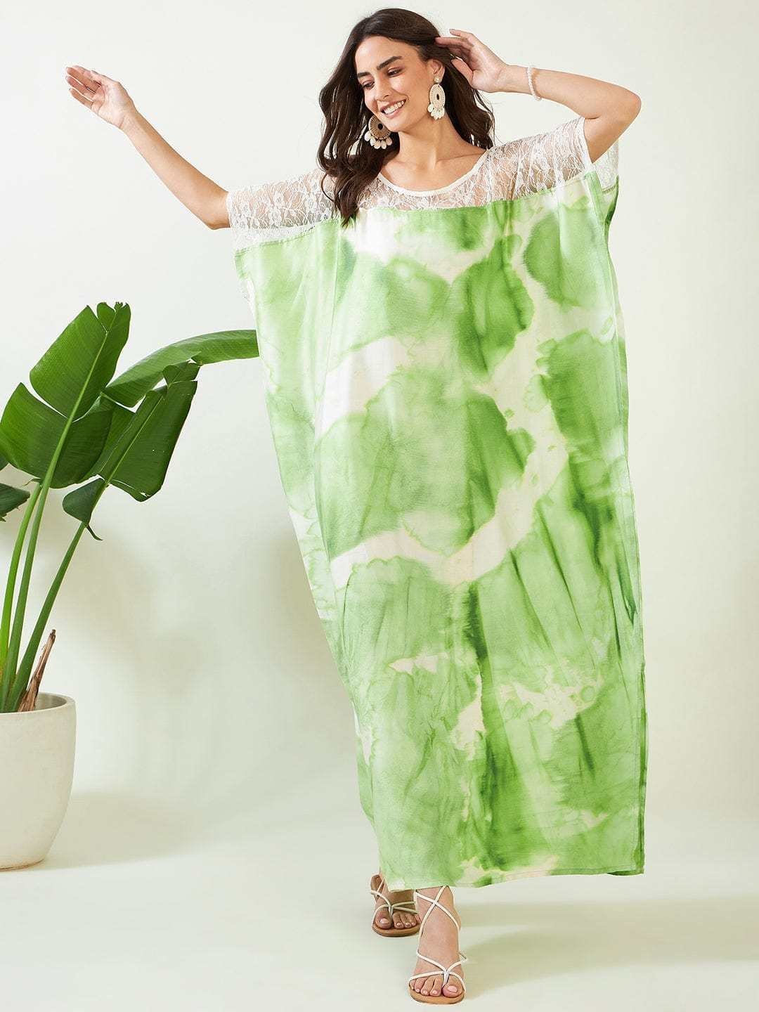 Women’s Cotton Tie Dye Print Lace Trim, V-Neck, Full Length, Beach Casual Wear, Spring Collection Kaftan ( Green White )