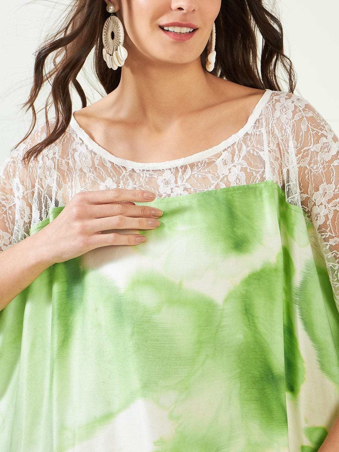 Women’s Cotton Tie Dye Print Lace Trim, V-Neck, Full Length, Beach Casual Wear, Spring Collection Kaftan ( Green White )