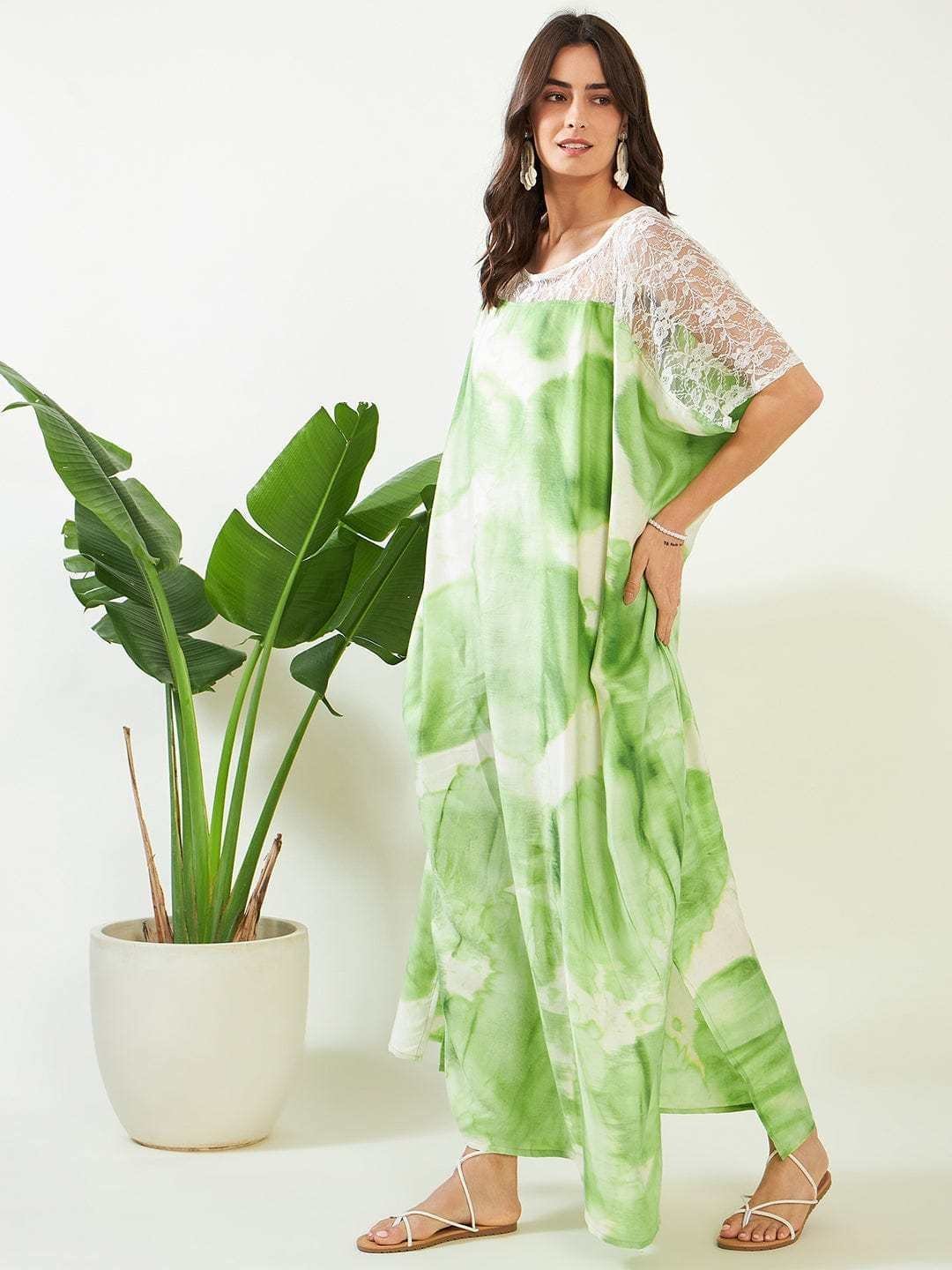 Women’s Cotton Tie Dye Print Lace Trim, V-Neck, Full Length, Beach Casual Wear, Spring Collection Kaftan ( Green White )