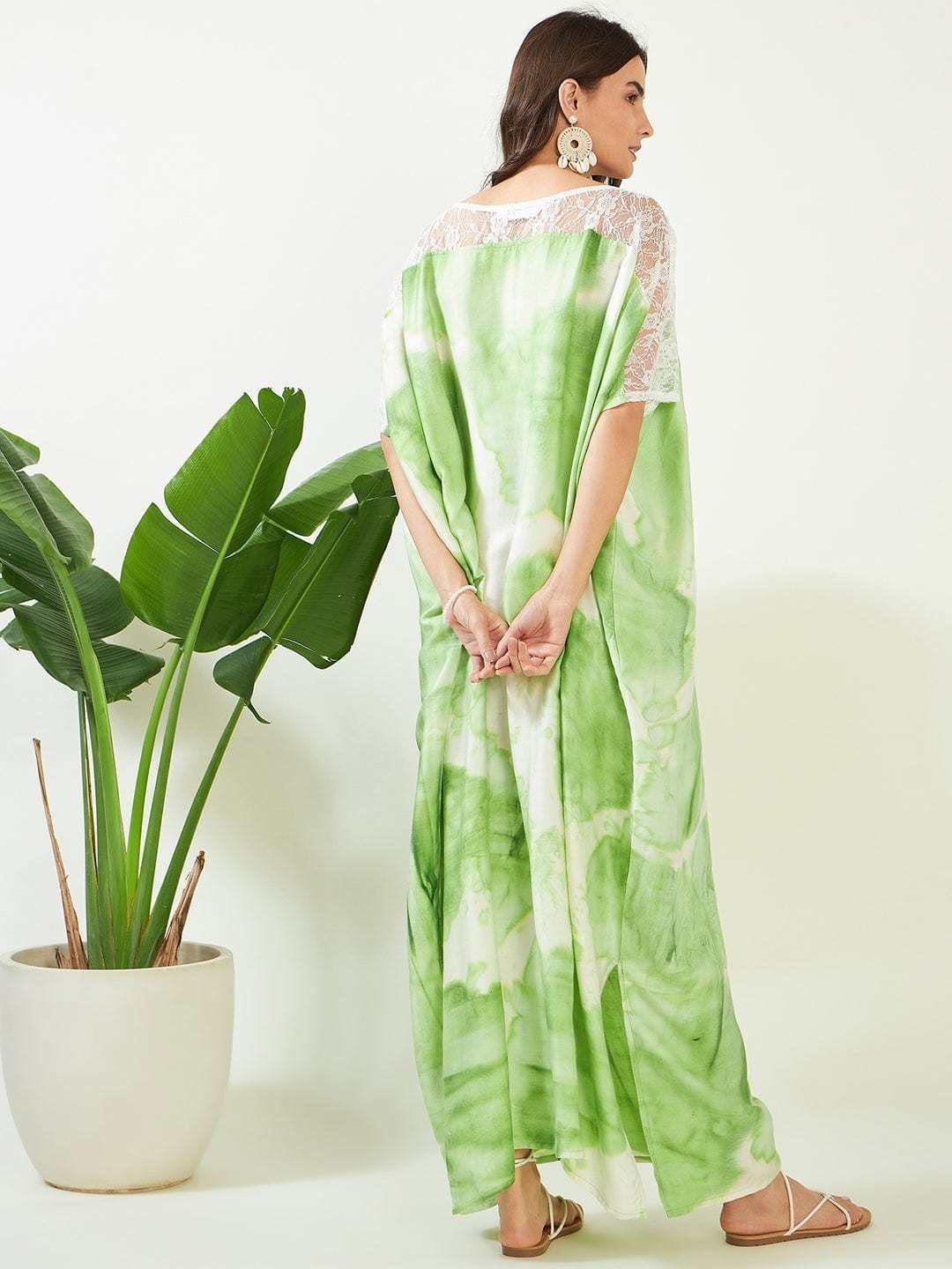 Women’s Cotton Tie Dye Print Lace Trim, V-Neck, Full Length, Beach Casual Wear, Spring Collection Kaftan ( Green White )