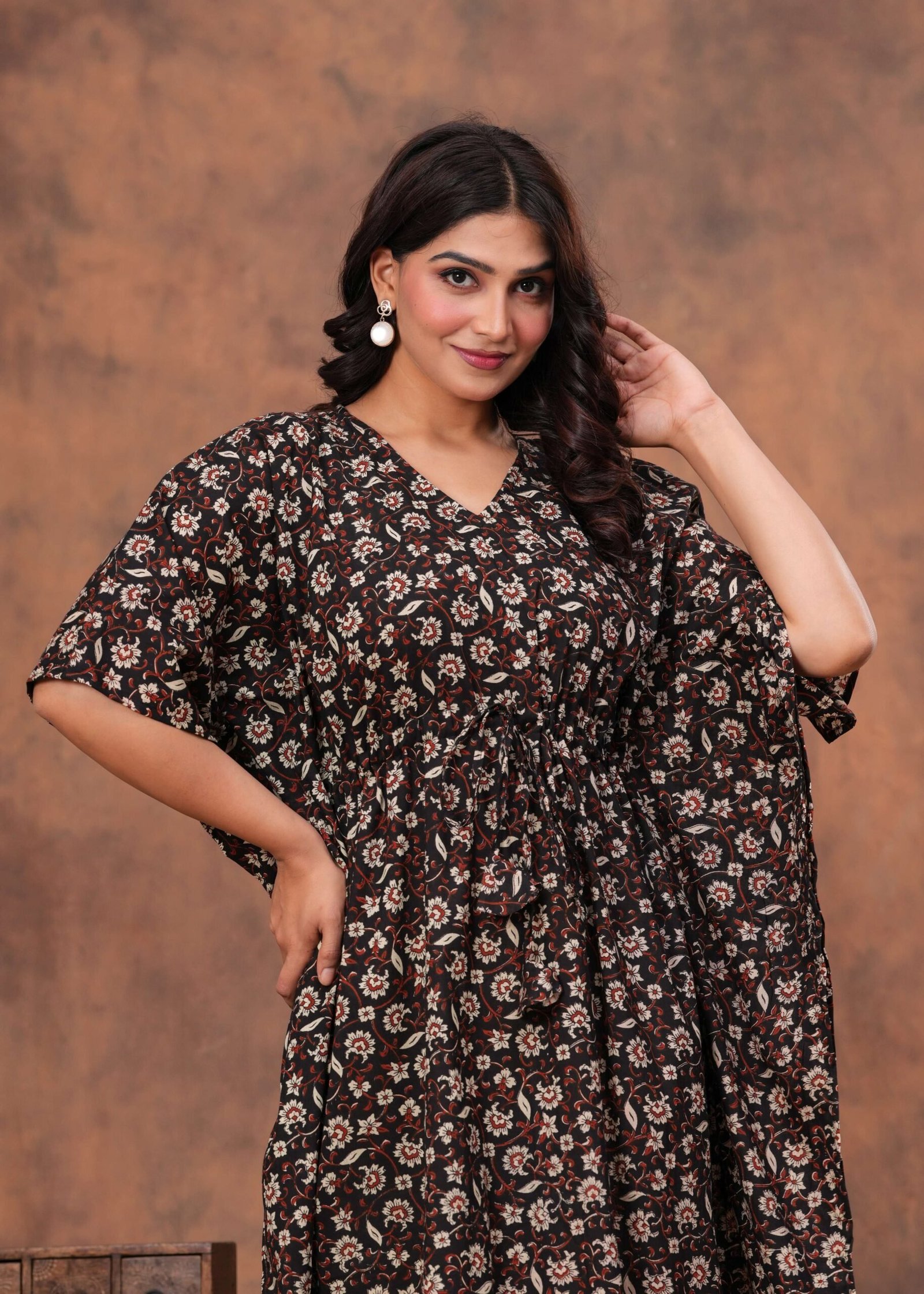 Women’s Black Cotton Floral Printed Kaftan Dress with Drawstring Waist