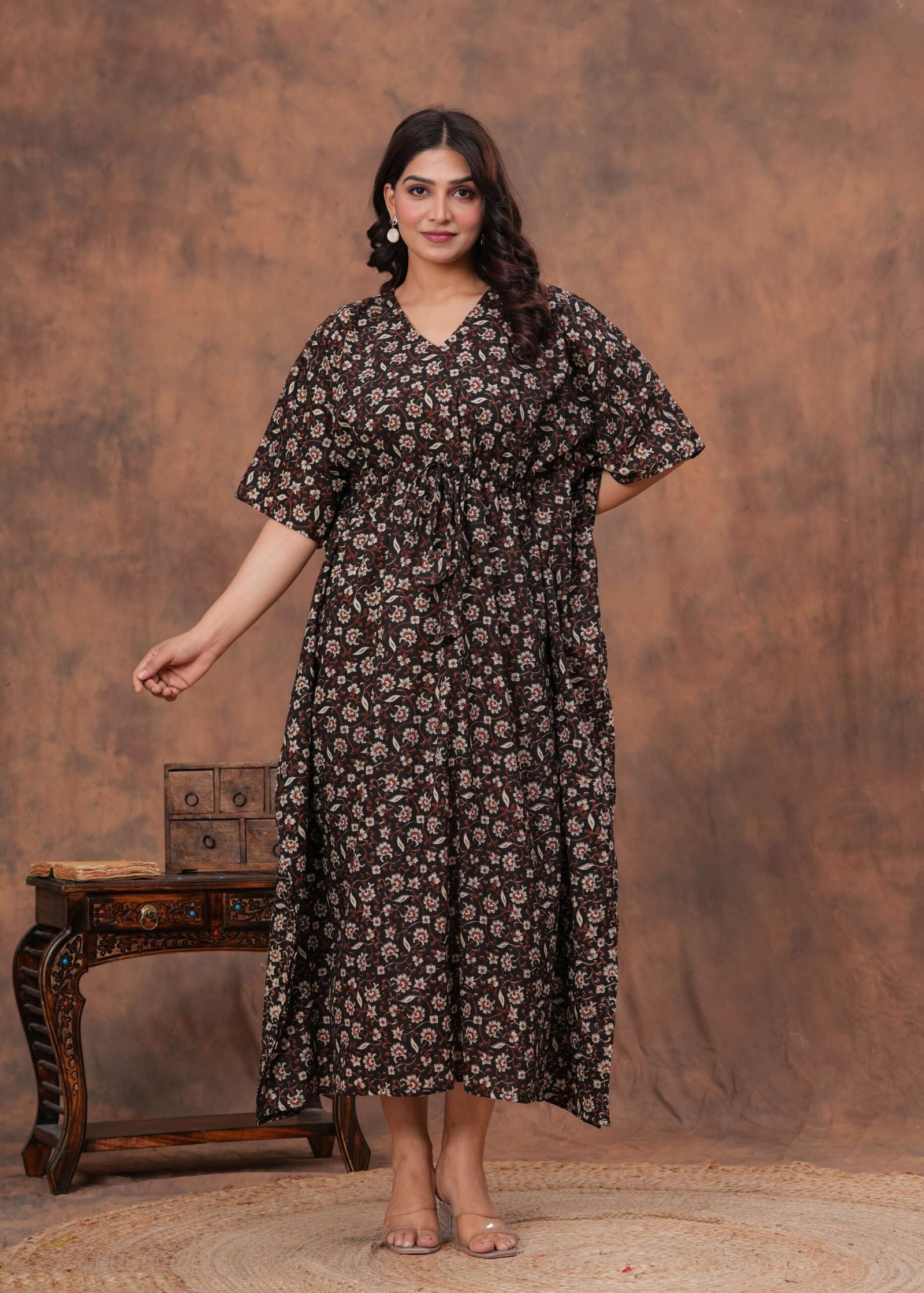 Women’s Black Cotton Floral Printed Kaftan Dress with Drawstring Waist