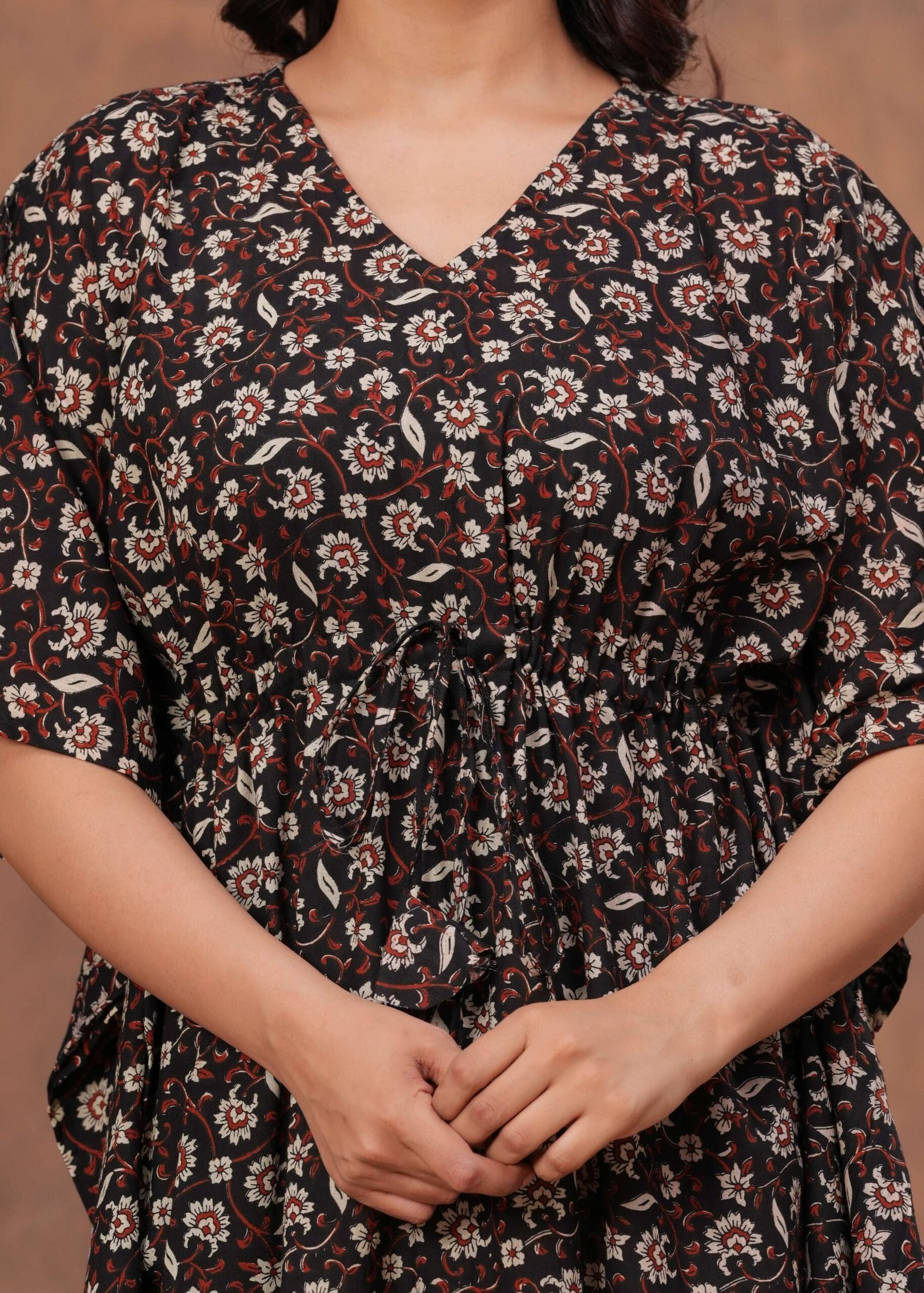 Women’s Black Cotton Floral Printed Kaftan Dress with Drawstring Waist