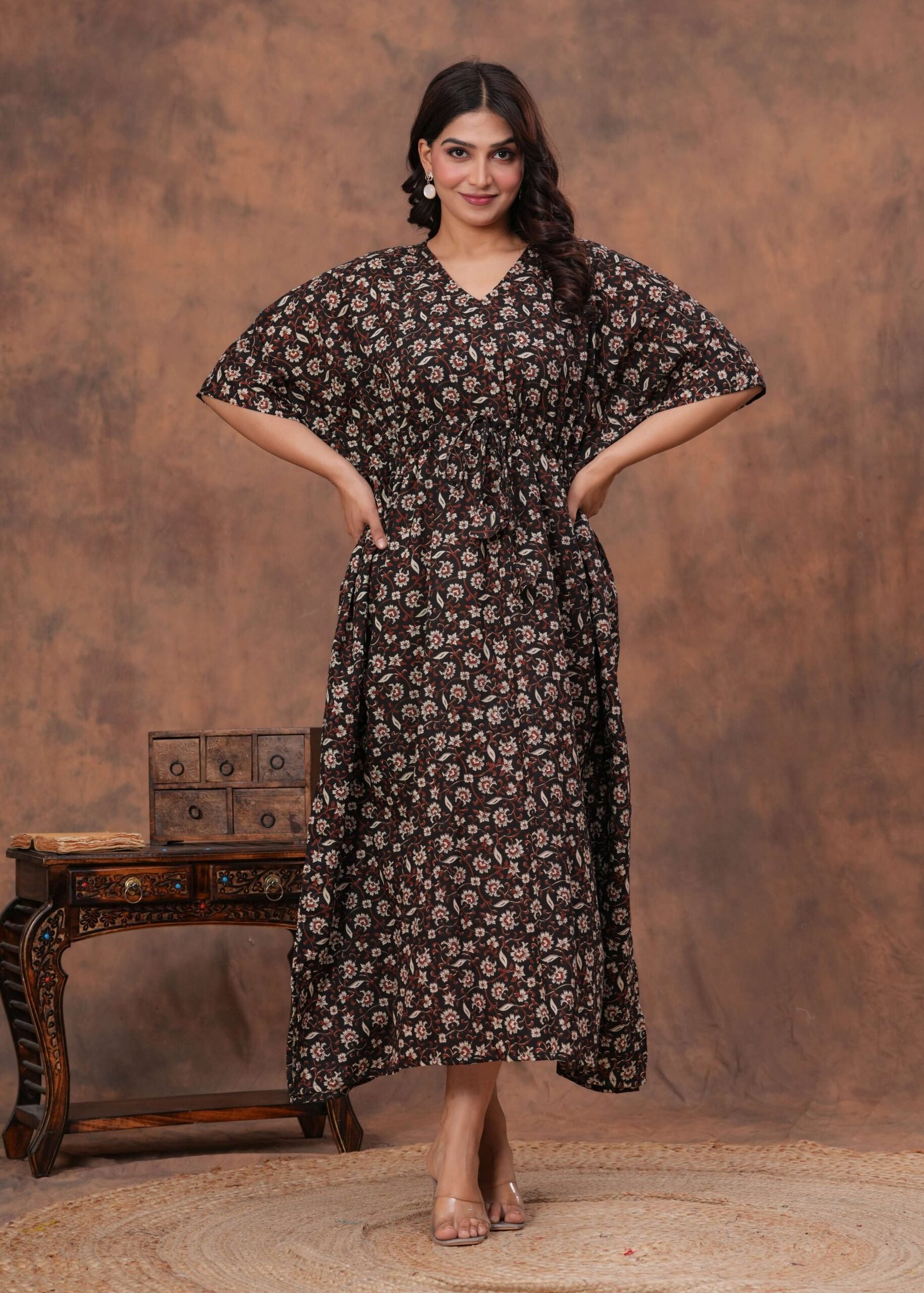 Women’s Black Cotton Floral Printed Kaftan Dress with Drawstring Waist